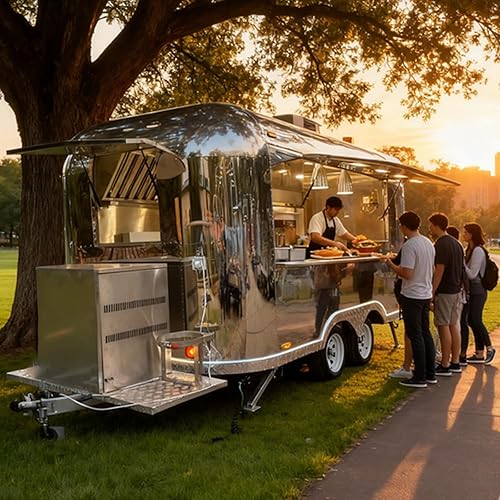 Street Outdoor Mobile Food Truck, Cheap Food Trailer for Waffle Ice Cream Gyros Chips Churros Jacket Potato, Vintage Mobiel Cart with Grill Deep Fryer Smoker