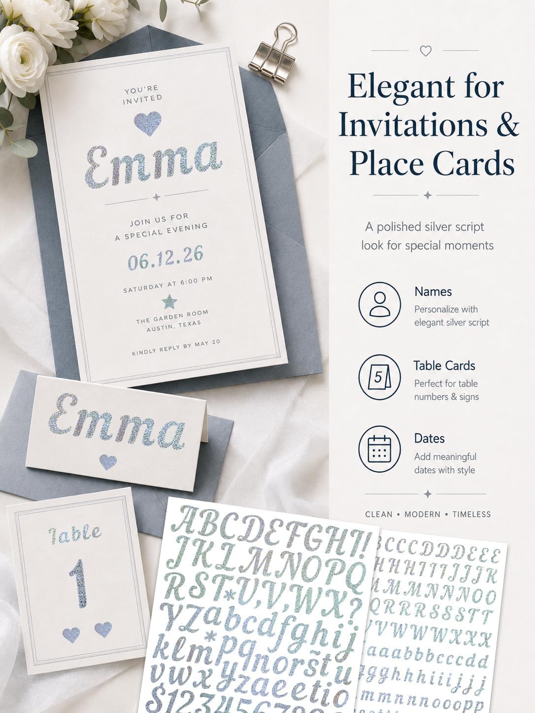 Silver Letter Stickers 0.5 Inch & 1 Inch, 15 Sheets Vinyl Cursive Silver Alphabet Number Stickers, Faux Glitter Silver Script Letter Sticker for Cards Envelopes Gift Wrap Invitations Planner Craft DIY