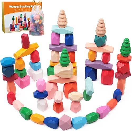50 PCS Wooden Stacking Rocks Sensory Toys for Toddlers 3-4