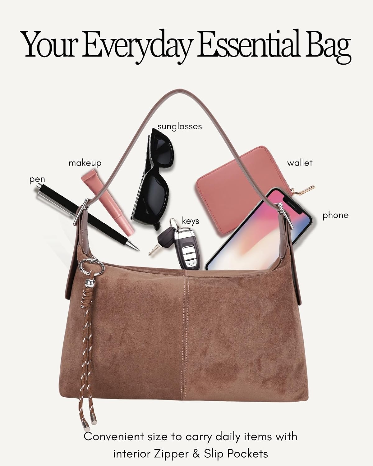 Shoulder Bag for Women - Crossbody Bag for Women, Slouchy Medium Shoulder Purse with Cute Keychain Charm & Adjustable Strap