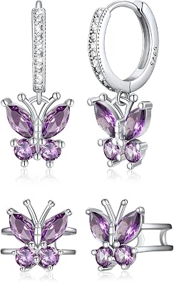 925 Sterling Silver Butterfly Dangle Earrings and Ear Cuffs for WomenJune-Alexandrite