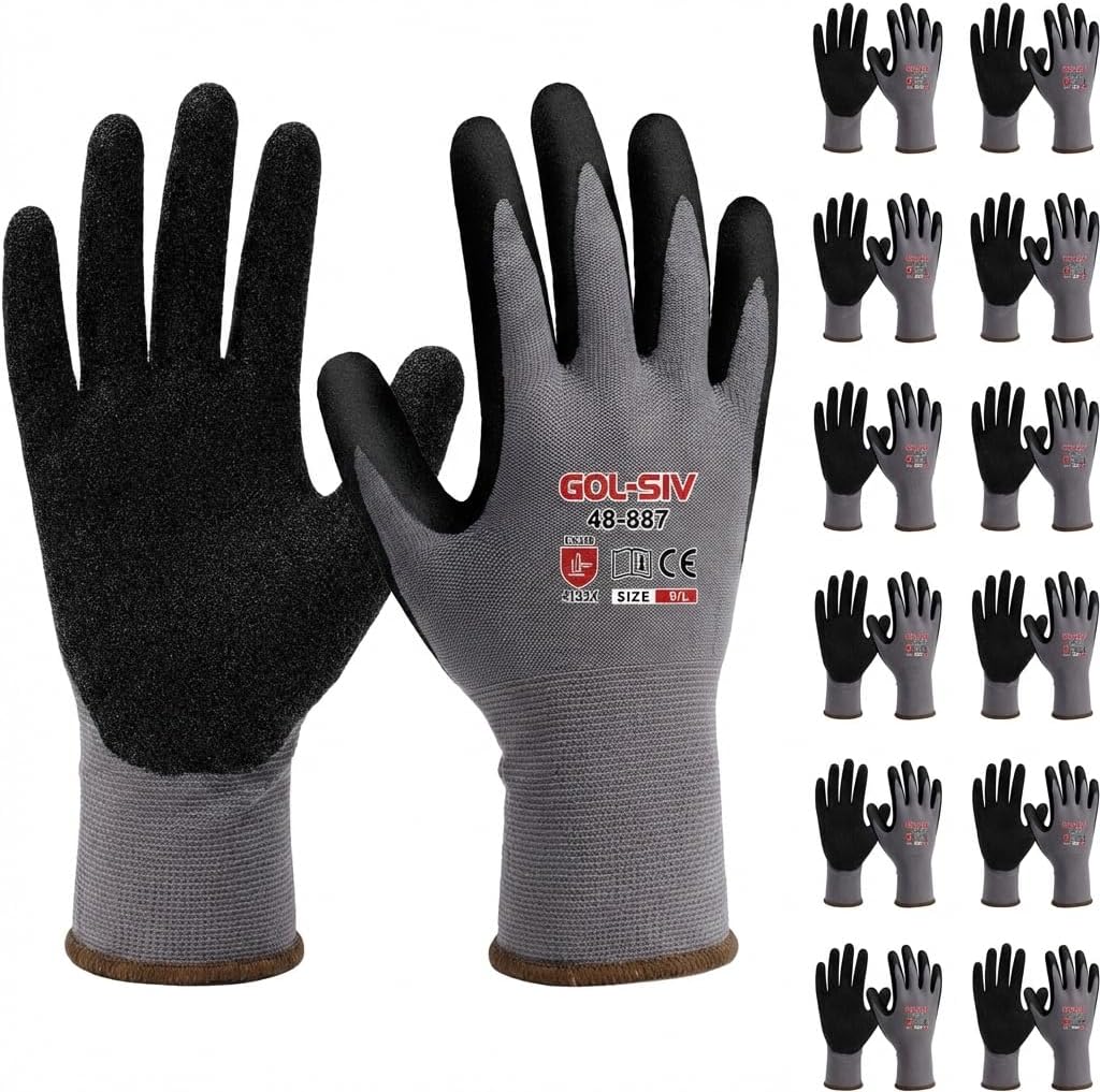 Sandy Nitrile Work Gloves 12 Pairs, EN388 Level 4 Abrasion, Anti-Slip Grip for Oily Parts, Breathable Seamless Knit Gloves for Mechanic, Warehouse & DIY (L)