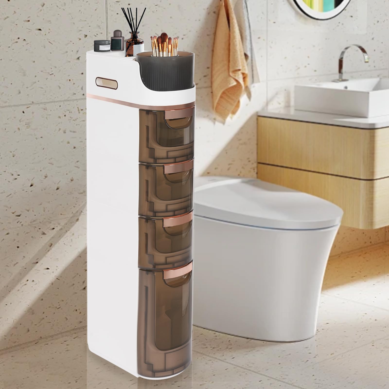Carrito de almacenamiento estrecho con 4 cajones, cajonera con suelo alto, giratorio, espacio de almacenamiento superior para baño, dormitorio, salón, organización máxima