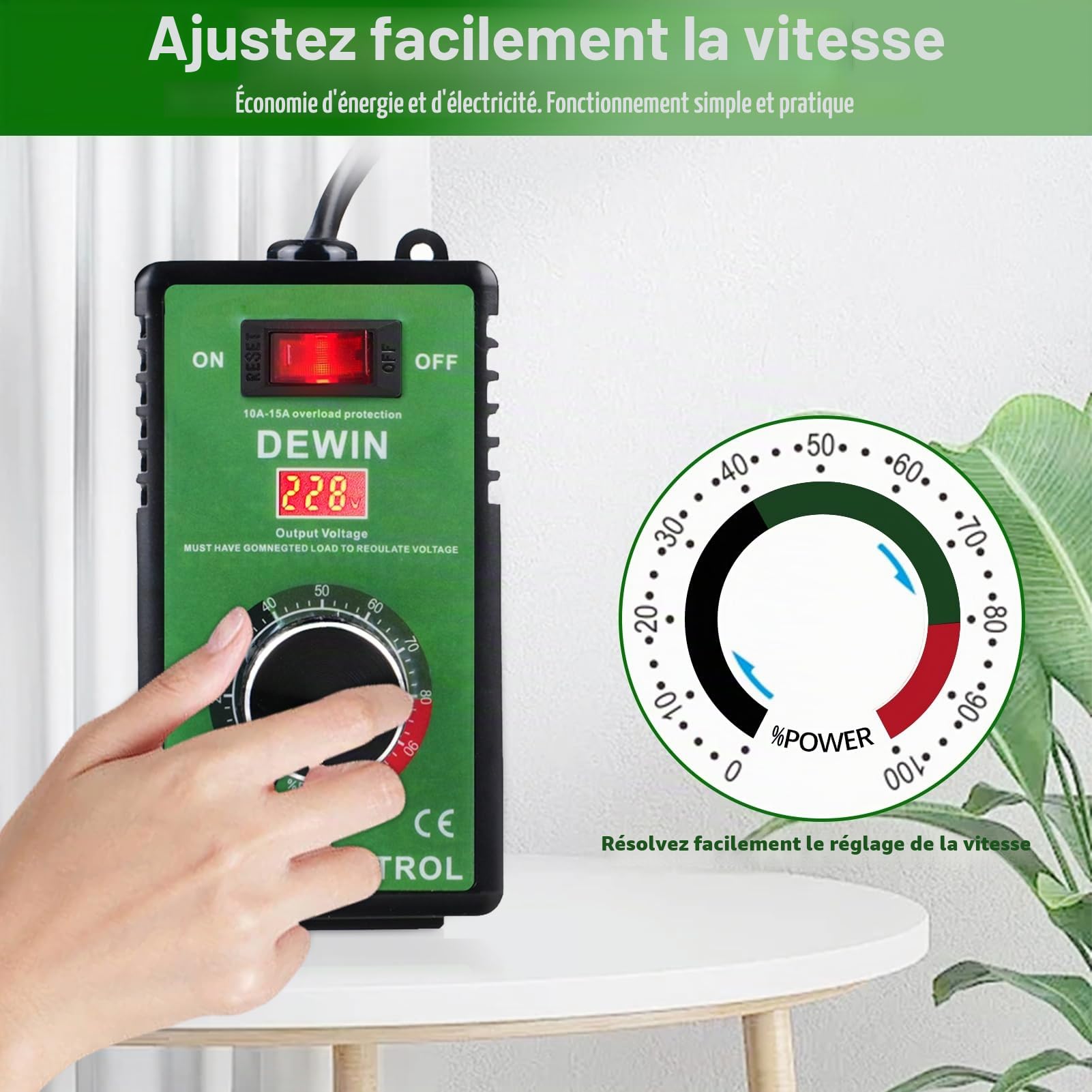 DeWin Variateur de Vitesse, Régulateur de Vitesse Commande de Ventilateur de Moteur 220V Régulateur de Vitesse en Continu Régulateur de Tension 15A Protection Contre Les Surcharges