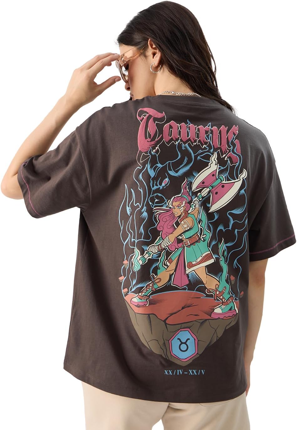 The Souled StoreZodiac: Taurus Women and Girls Short Sleeve Round Neck Brown Graphic Printed Cotton Oversized T-Shirts