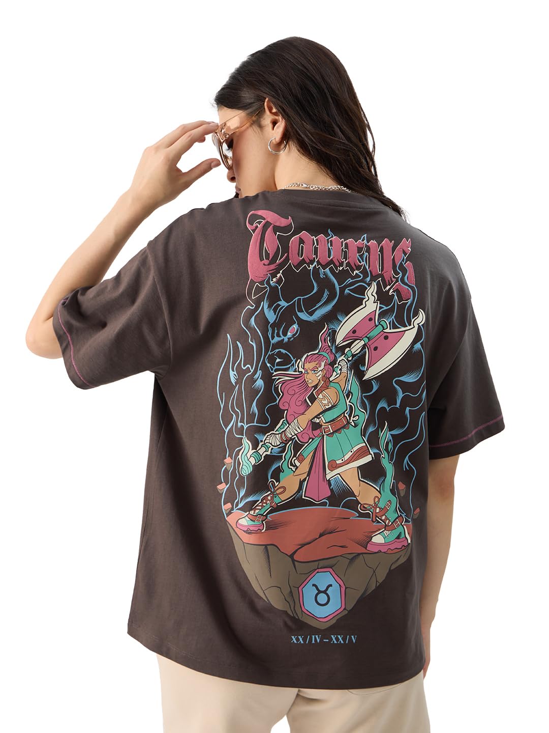 The Souled StoreZodiac: Taurus Women and Girls Short Sleeve Round Neck Brown Graphic Printed Cotton Oversized T-Shirts