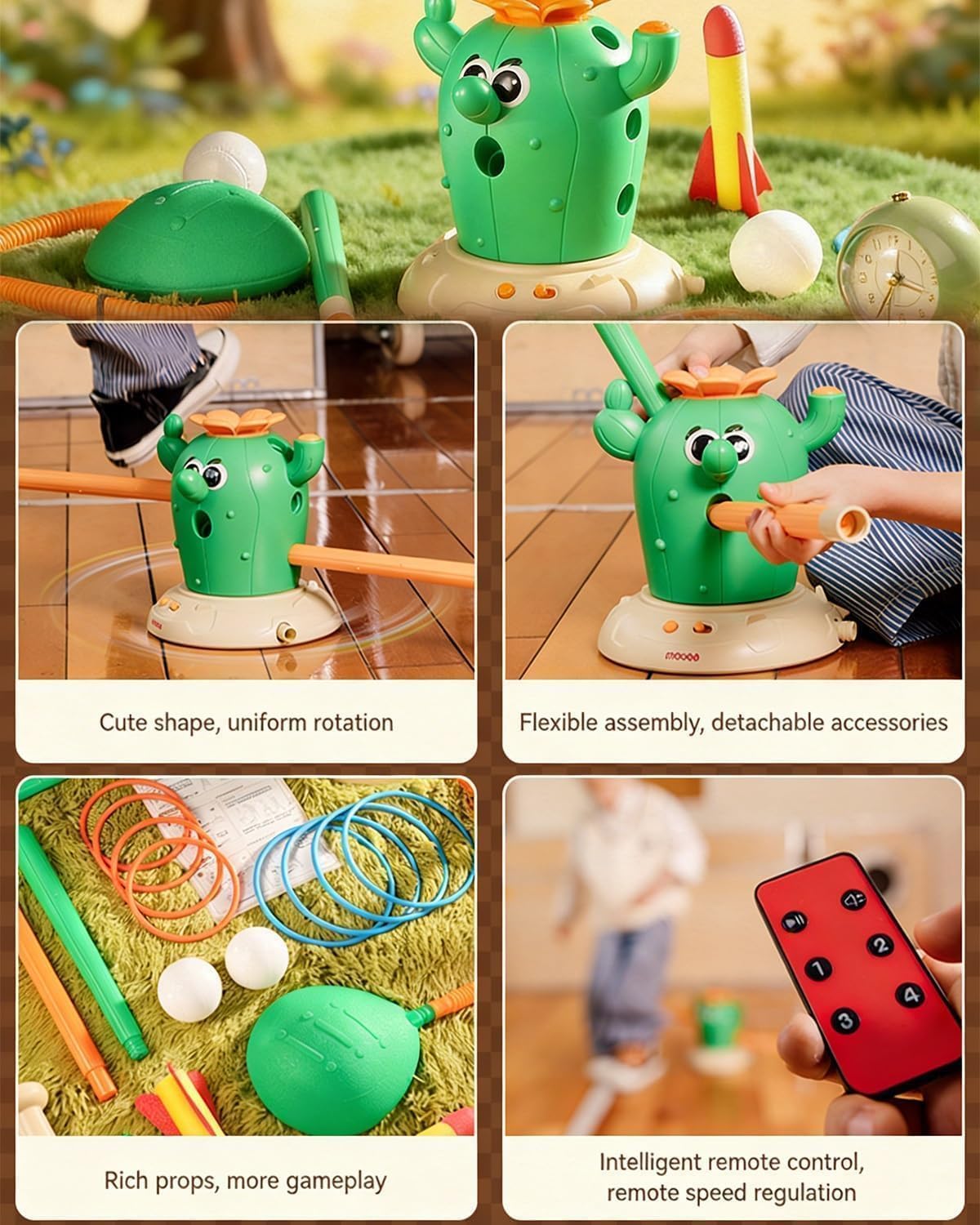 4 in 1 Cactus Toy, Cactus 4-in-1 Musical Jumping Toys Set, with Ring Toss, Stomping Rocket Launcher and Baseball Game, Fun Indoor and Outdoor for Active Play Sports