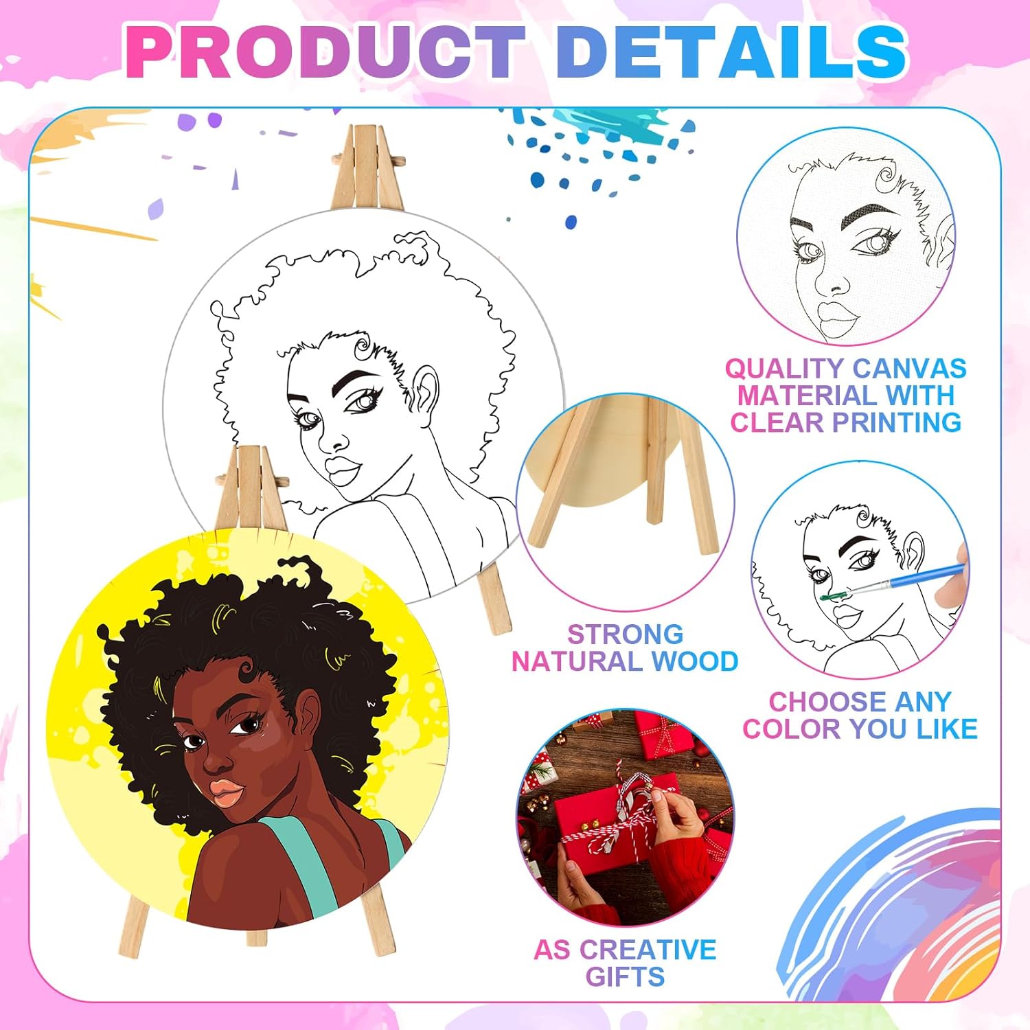 Supervitae 72 Piece Black Girls Round Pre Drawn Canvas Kit 5.9" Paint and Sip Kit for Adults Painting Party Pre Printed Canvas DIY with Pictures Paints Easels Brushes for Party Gifts