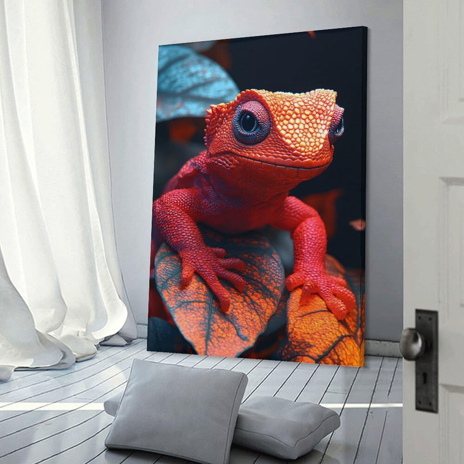Junmoney Frame-Style-23-2 Red Lizard Portrait On Leaves Wall Decor Canvas Print, 12X18inch(30X45cm), For Wall Displays, Bedrooms Or Room Updates, Wall Decor Suited To Curated Displays