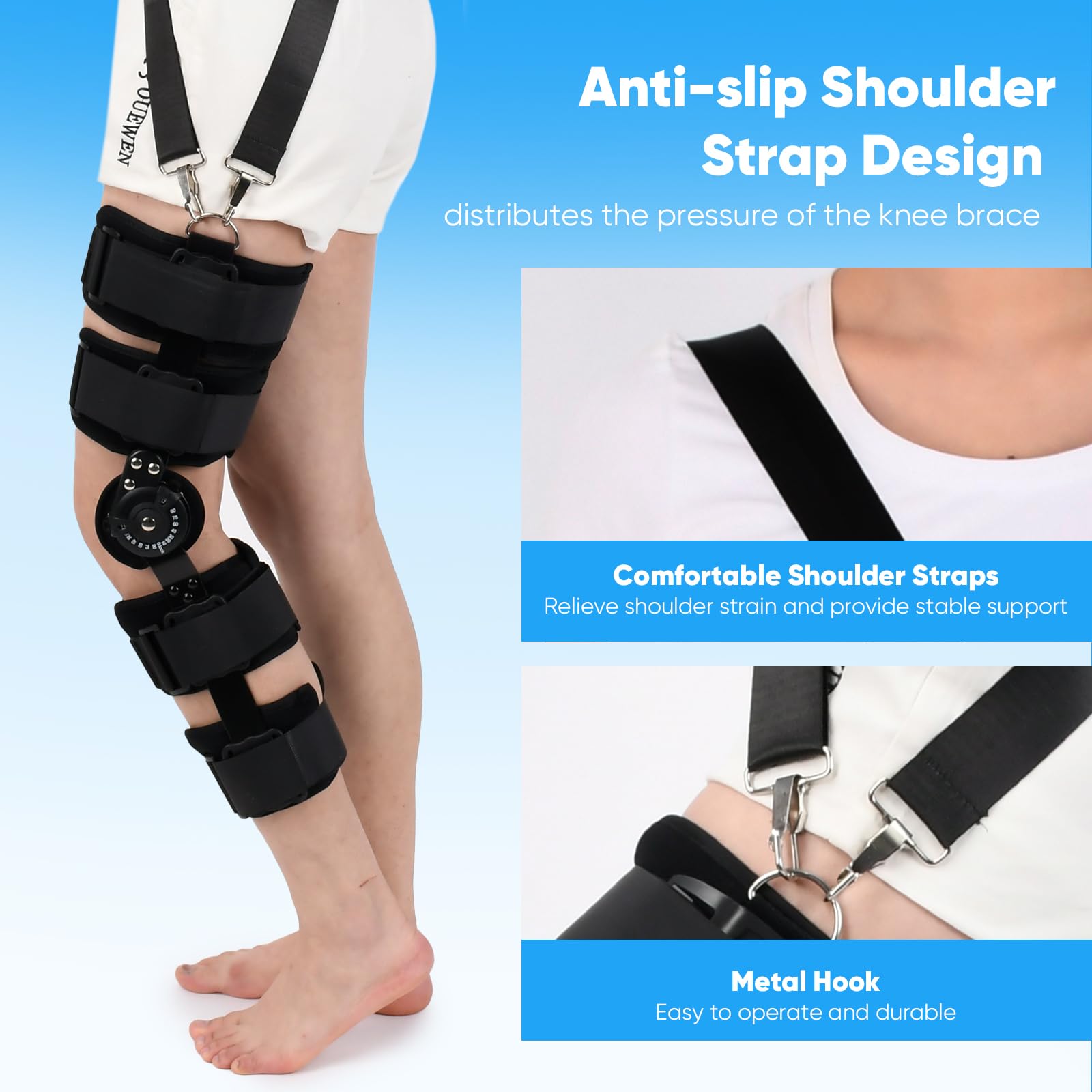 Rodillera Ajustable ROM Inmovilizador de rodilla con bisagras ROM Soporte De Rodilla Ajustable postoperatorio Inmovilizador de rodilla para hombres y mujeres(Viene con correa para el hombro)