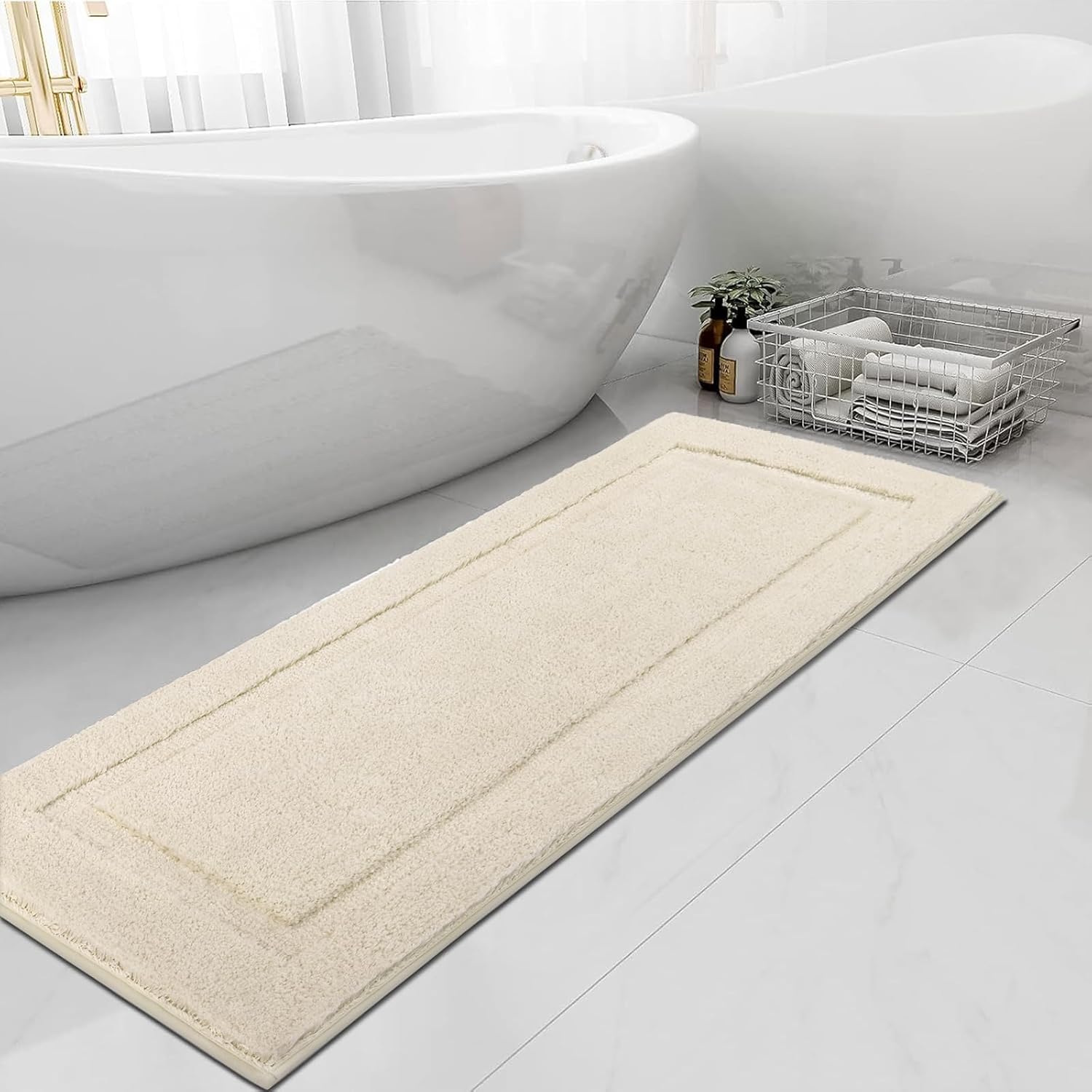 SHACOS Super Soft Bathroom Runner Rugs 24 x 60 inch Microfiber Bath Mat Runner Non Slip Washable Bath Rugs Absorbent Bathroom Mats for Bathroom Shower Tub, Light Beige