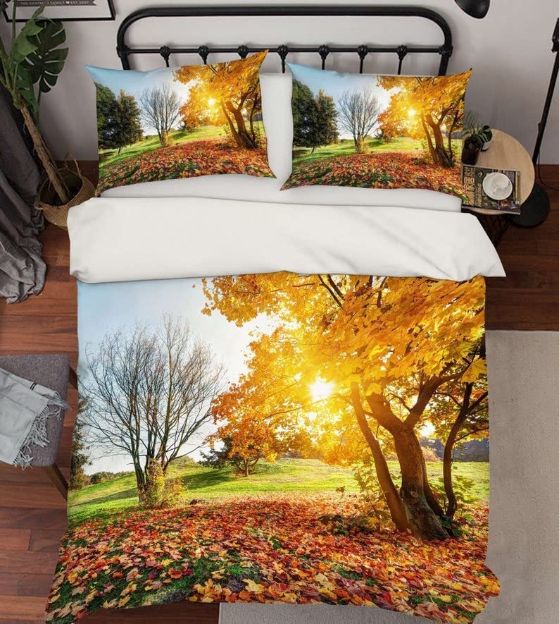 Housse De Couette 240x260 Cm Motif Feuilles D'Érable + 2 Taies - Parure De Lit Réversible Polycoton