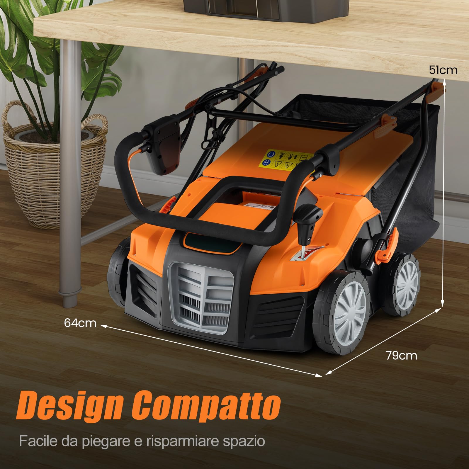 COSTWAY 2 in 1 Scarificatore Elettrico, 40 cm, 2000W, 3500rpm, Erbicida Pieghevole con Sacca di Raccolta da 55L, Regolazione Profondità 5 Livelli, Adatto Prato 800 ㎡ (Arancione)