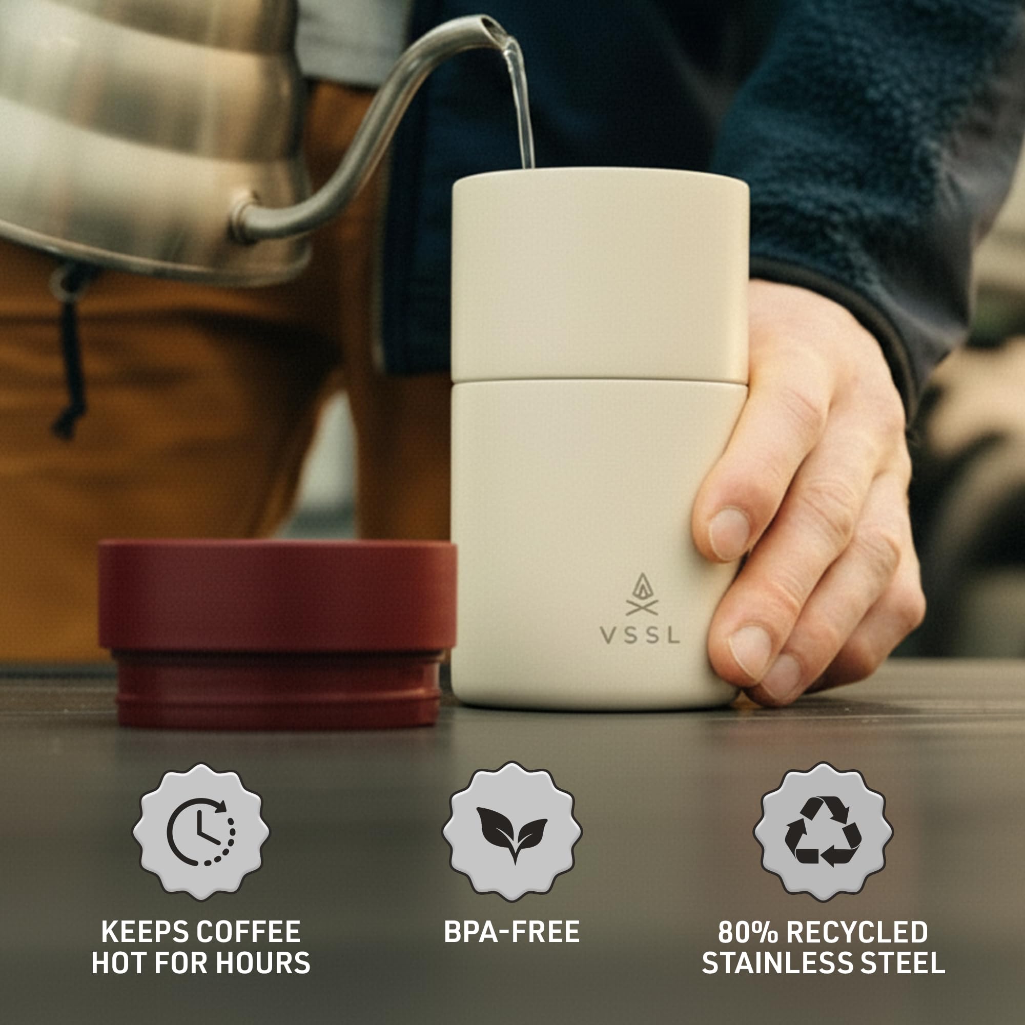 VSSL Nest Pour Over - Set da caffè, trasportabile e compatto, con tazza a doppia parete da 295 ml, colore: panna