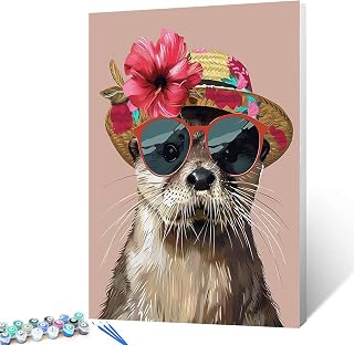 Sea Otter with Flowers Hat and Sunglasses Paint by Number Lovely Animal DIY Painting on Canvas with Brushes Acrylic Paints Paint by Numbers for Adults and Kids Beginner 16x20 Inch(without Frame)