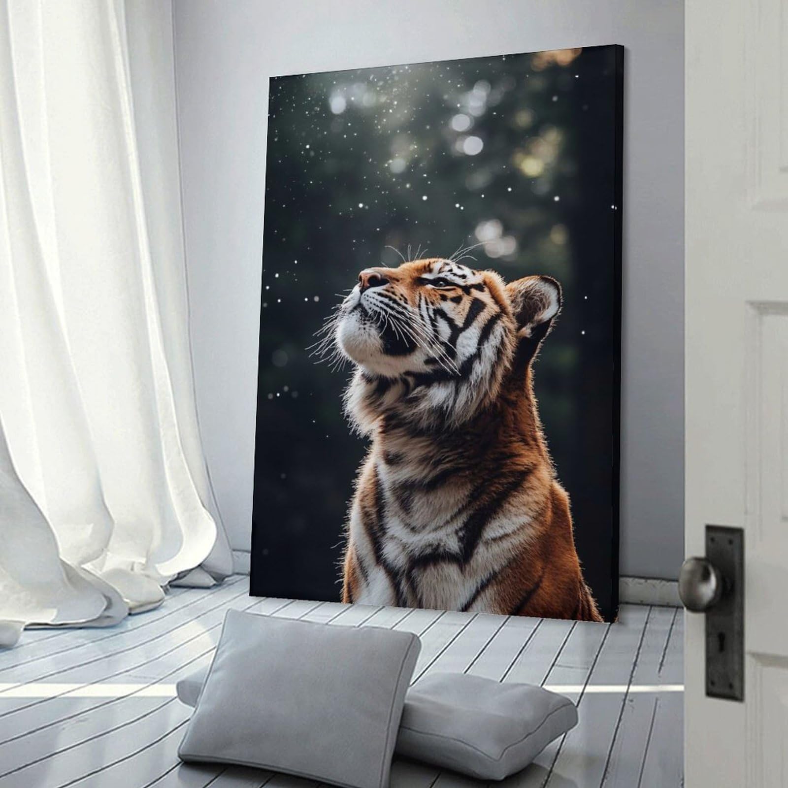 Junmoney Tiger Gazing Upward with Bokeh Lights Hanging Wall Art 20x30inch(50x75cm), for Small Homes, Bedrooms Or Open Spaces, Decorative Canvas Decor for Home Updates