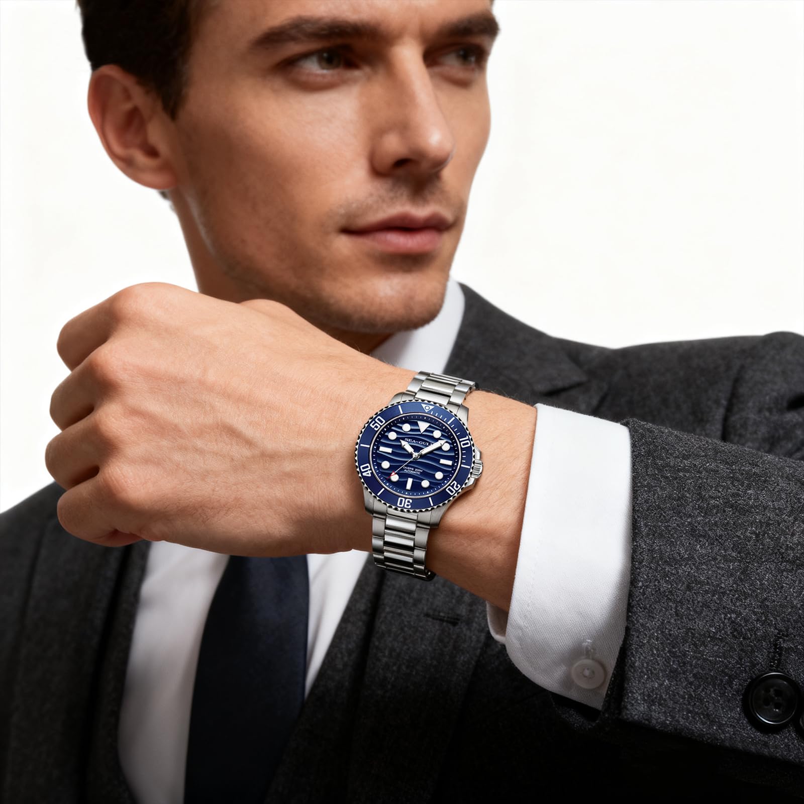Sea Gull Reloj automático de Buceo para Hombre, Resistente al Agua de 200 m, Cristal de Zafiro, Pulsera de Acero Inoxidable 316L, Caja Trasera grabada de Pulpo