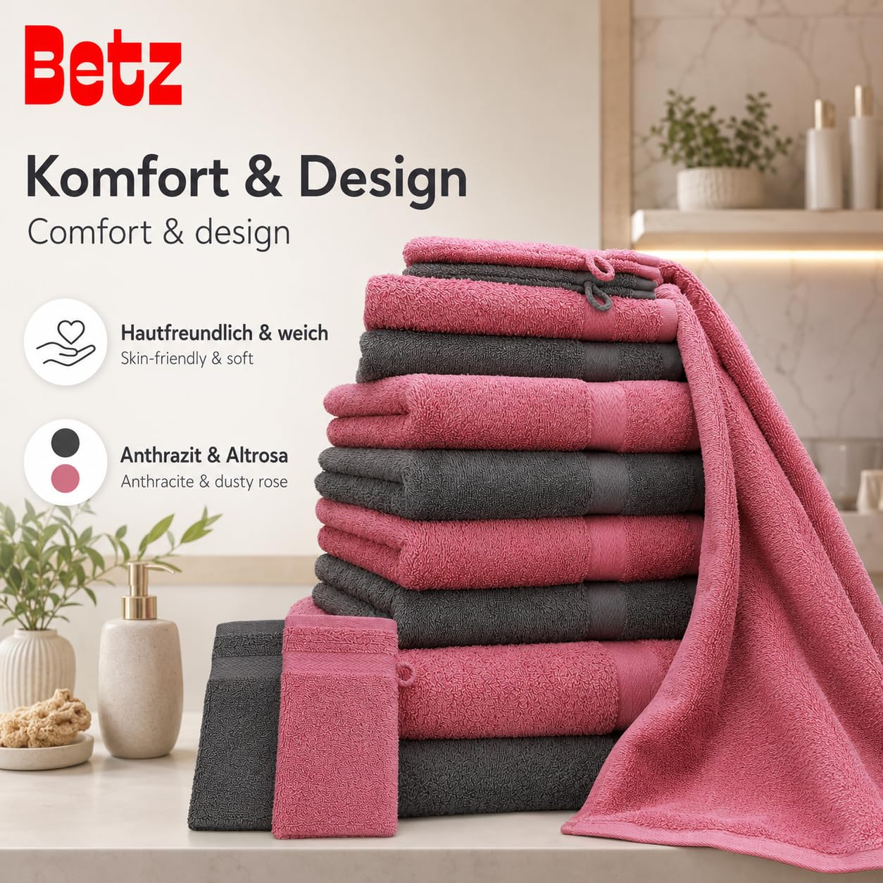 Betz set di 10 asciugamani Premium 100% cotone 2 teli doccia 4 asciugamani 2 asciugamani per ospiti 2 guanti da bagno colore antracide e rosa antico