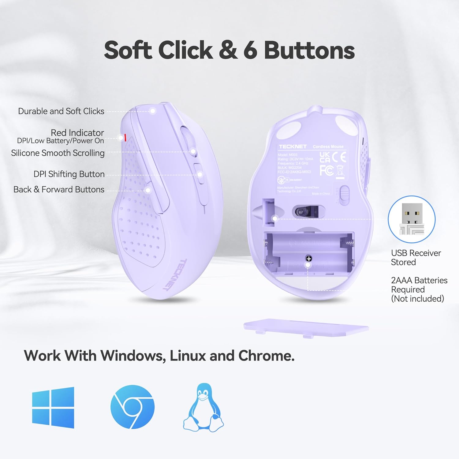 TECKNET Wireless Mouse, 2.4G Ergonomic Optical Mouse, Computer Mouse for Laptop, PC, Computer, Chromebook, Notebook, 6 Buttons, 24 Months Battery Life, 2600 DPI, 5 Adjustment Levels - Lavender