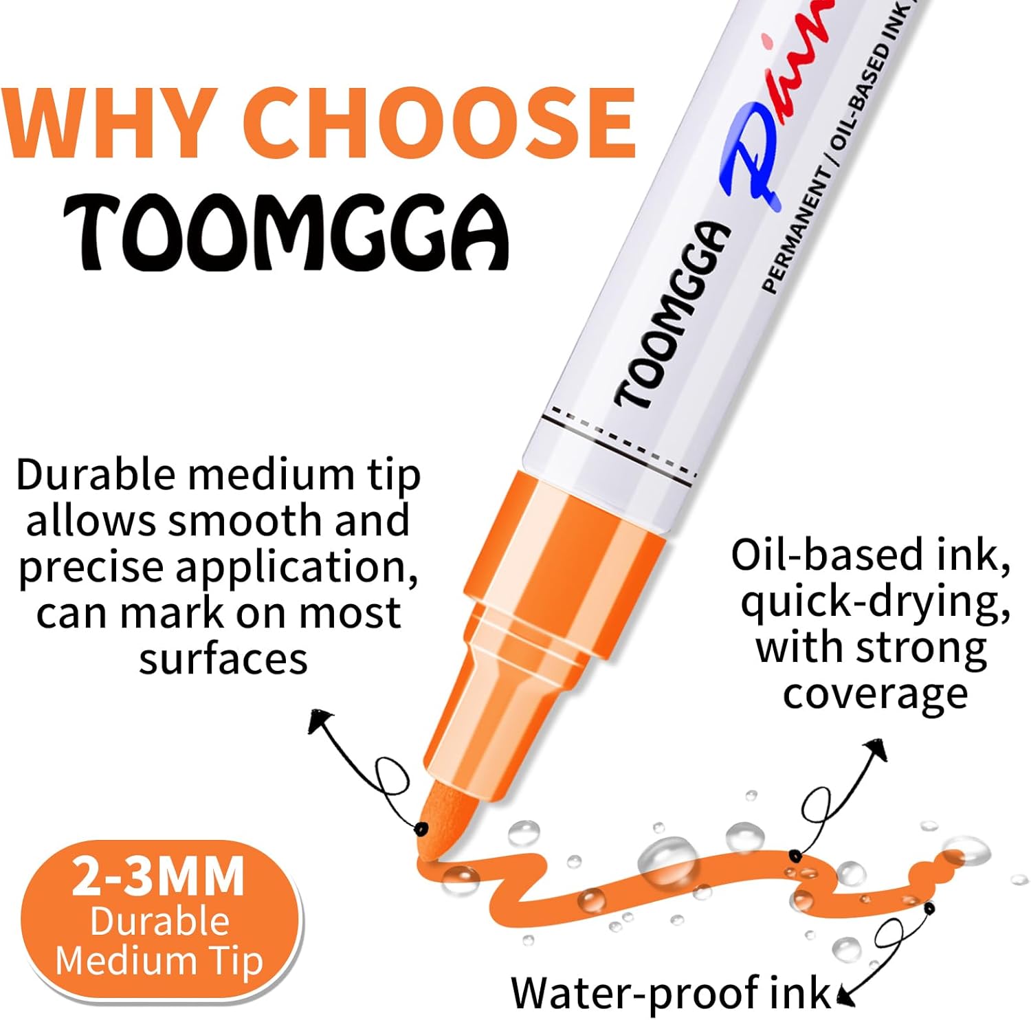 Orange Permanent Paint Pens - 8 Pack Oil Based Paint Markers,Pens For Rock Painting Car Tyre Metal, Plastic, Canvas, Mugs, Wood, Glass, Quick Drying and Waterproof, Medium Point - Image 2
