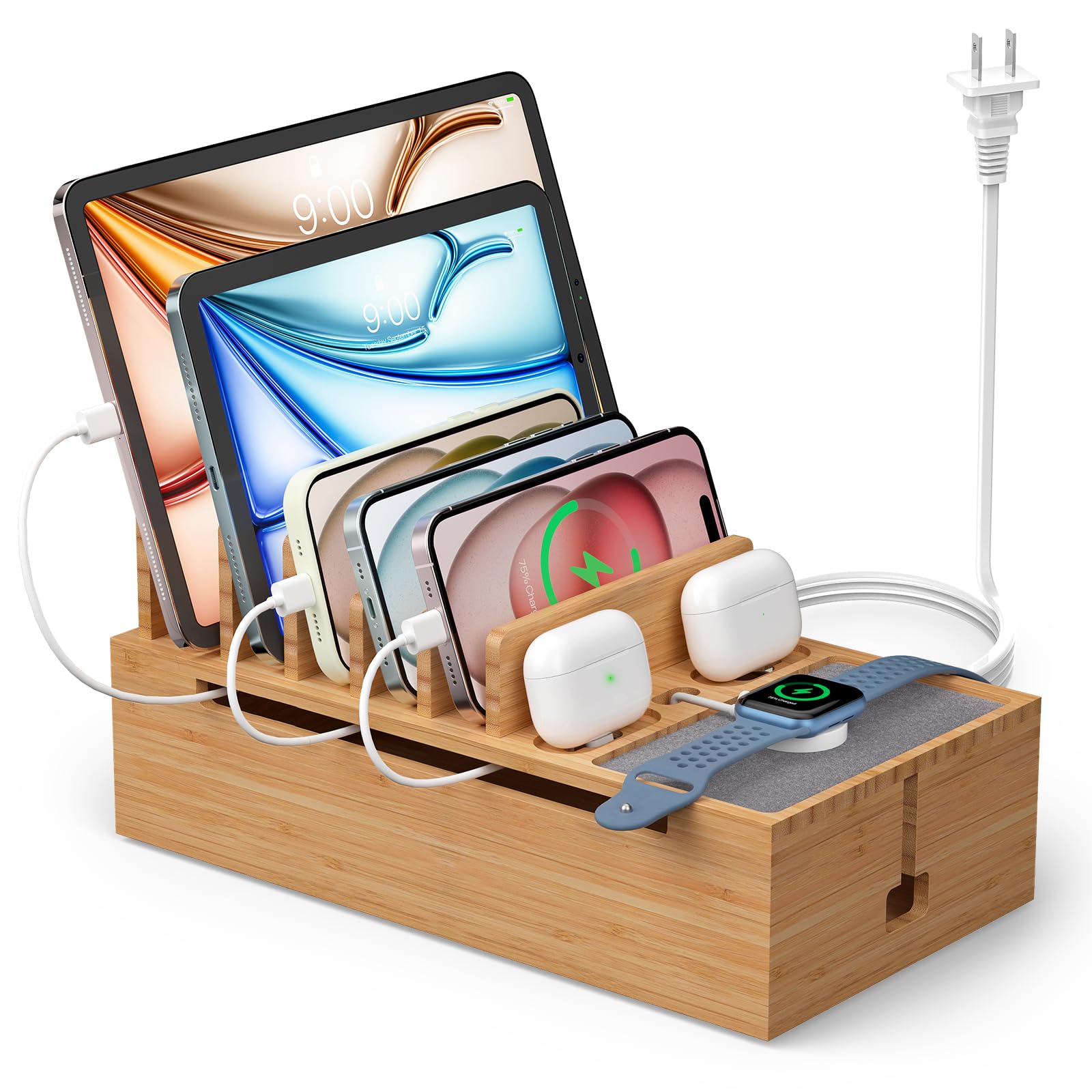 Cell Phone Charging Station for Multi Devices, All in One Desktop Charger Organizer, with Power USB Charge Adapter and 5 Cables, Use As Power Strip Hidden Box -Natural Bamboo Color