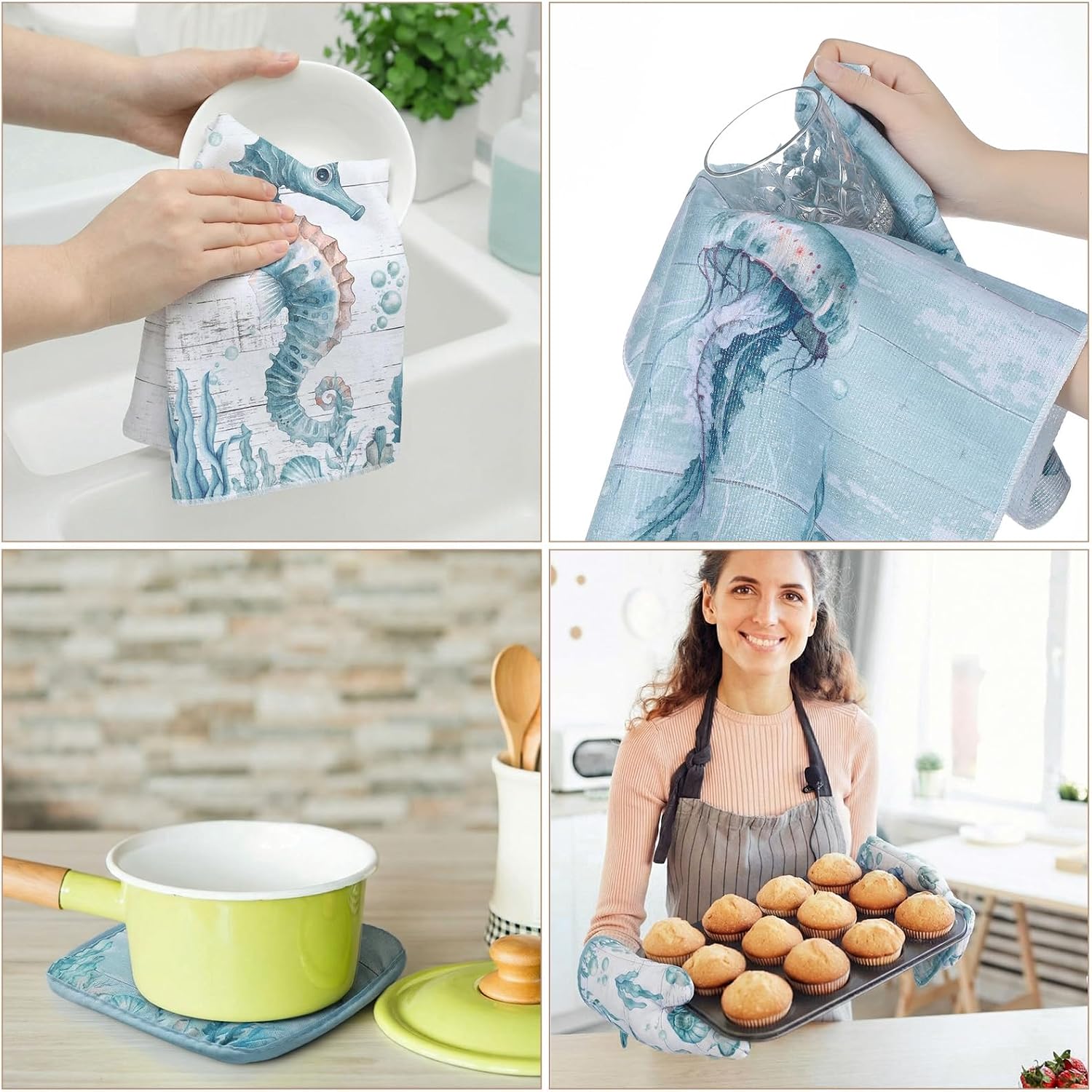 Bencailor 17 Pcs Blue Coastal Kitchen Sets Washable Non-Slip Kitchen Rug and Mat Ocean Animals Mitts Pot Holders Coastal Theme Apron Dish Towels Wooden Spoons for Home Decoration Housewarming Gifts