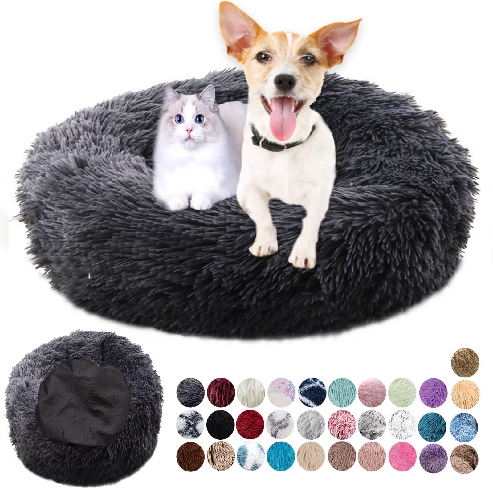 Soft Fluffy Round Dog Houses - Calming Pet Beds Plush Anti Anxiety, Anti-Slip Cat Bed Easily Washable - Improving Sleeping and Warm, Small Medium Large Dark Gray 110cm