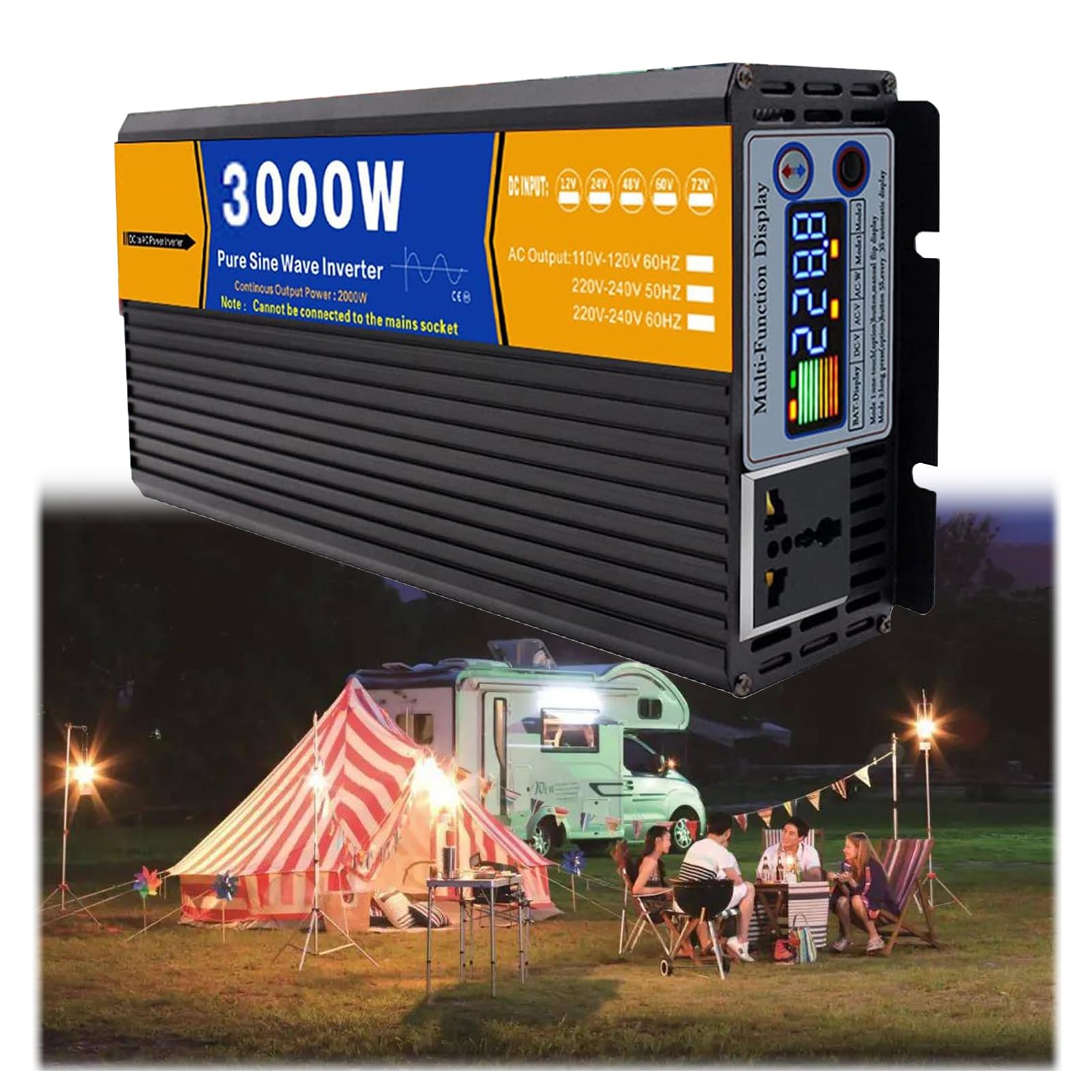 3000 Watt Puro Onda Sinusoidale Power Inverter 12V/24V/48V/60V/72V DC a 110V 120V 220V Convertitore,Inverter di Potenza per Famiglia,RV off Grid Solare,Auto,12v to 220v