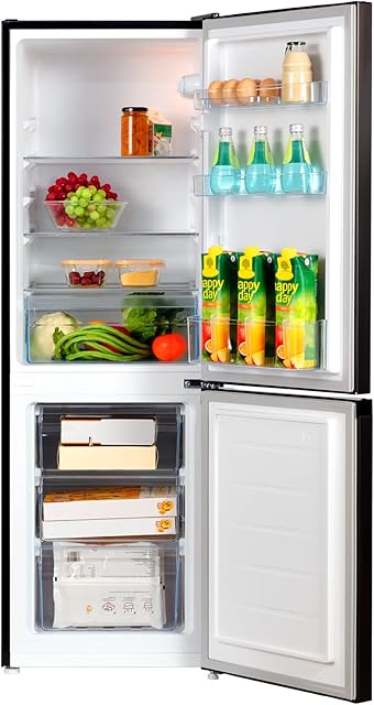 CHiQ 157L (47.4cm wide 144cm High) 70/30 Freestanding Fridge Freezer, low frost, 12-year compressor warranty, E, 39db,Reversible Doors dark inox