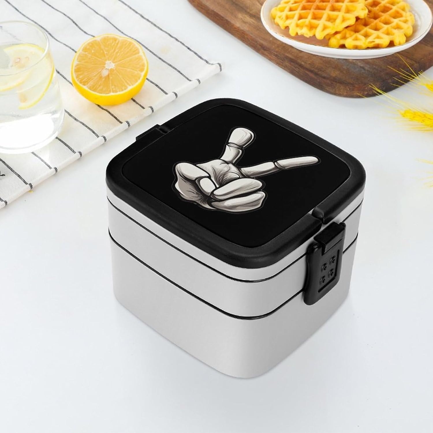 Halloween Skeleton Hand Peace Bento Box with Spoon 2 Layer Food Container Cute Lunch Box for Travel Dining Work