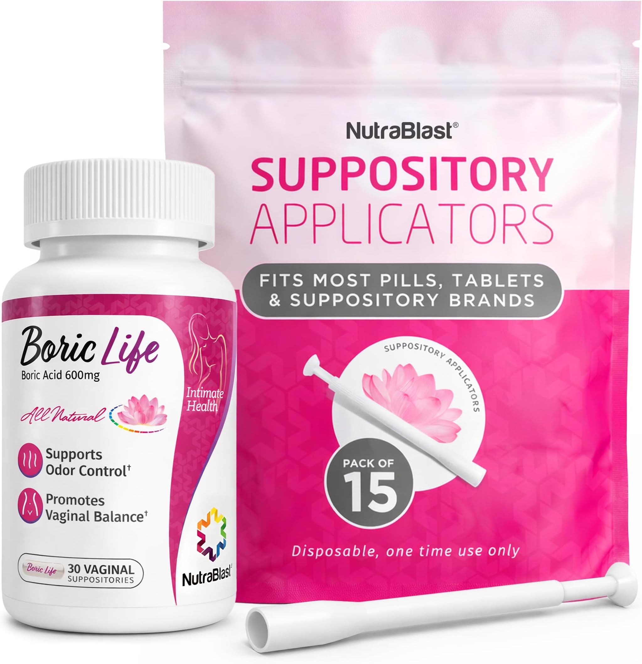 NutraBlast Boric Acid Suppositories 600mg Bundle with Applicator, 30 Suppositories & 15 Applicators - Feminine Care - Made in USA