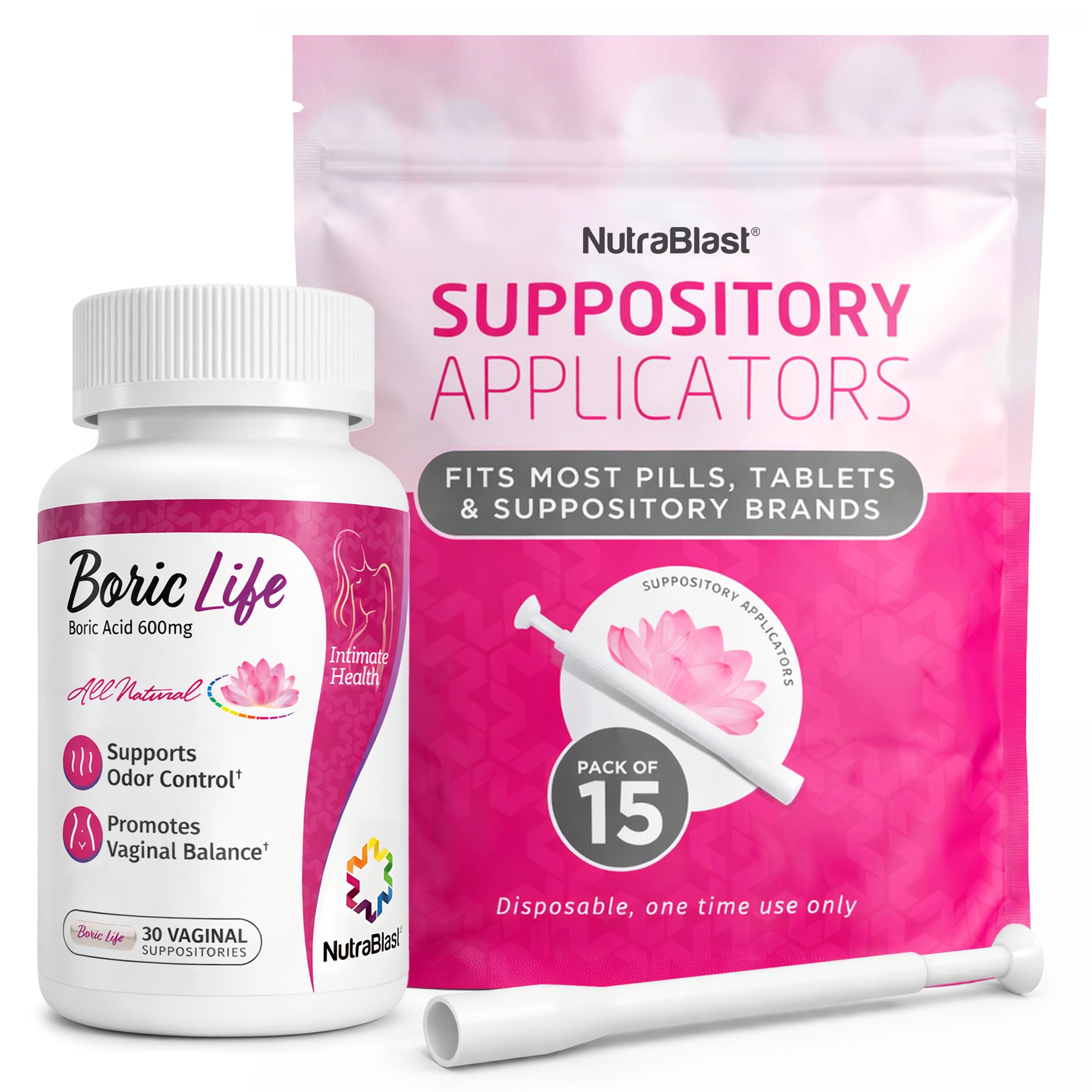 Boric Acid Suppositories 600mg Bundle with Applicator, 30 Suppositories & 15 Applicators - Feminine Care - Made in USA