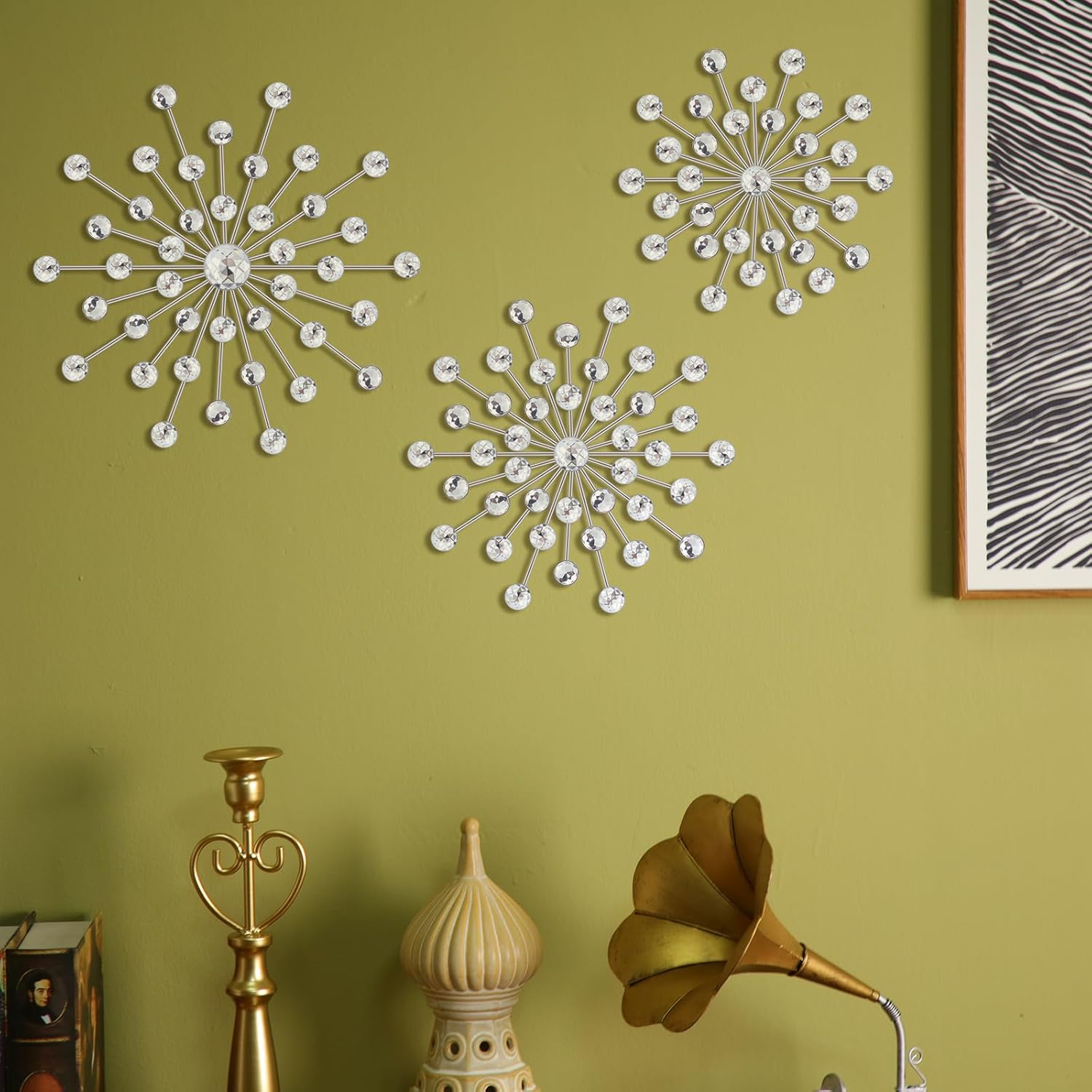 Barydat 6 Pcs Metal Starburst Wall Decor Bling Crystal Wall Art Rhinestone Sunburst Home Decoration No Punch Starburst Hanging Diamond Accents for Living Room Bedroom(25cm, 20cm, 15cm,Silver)