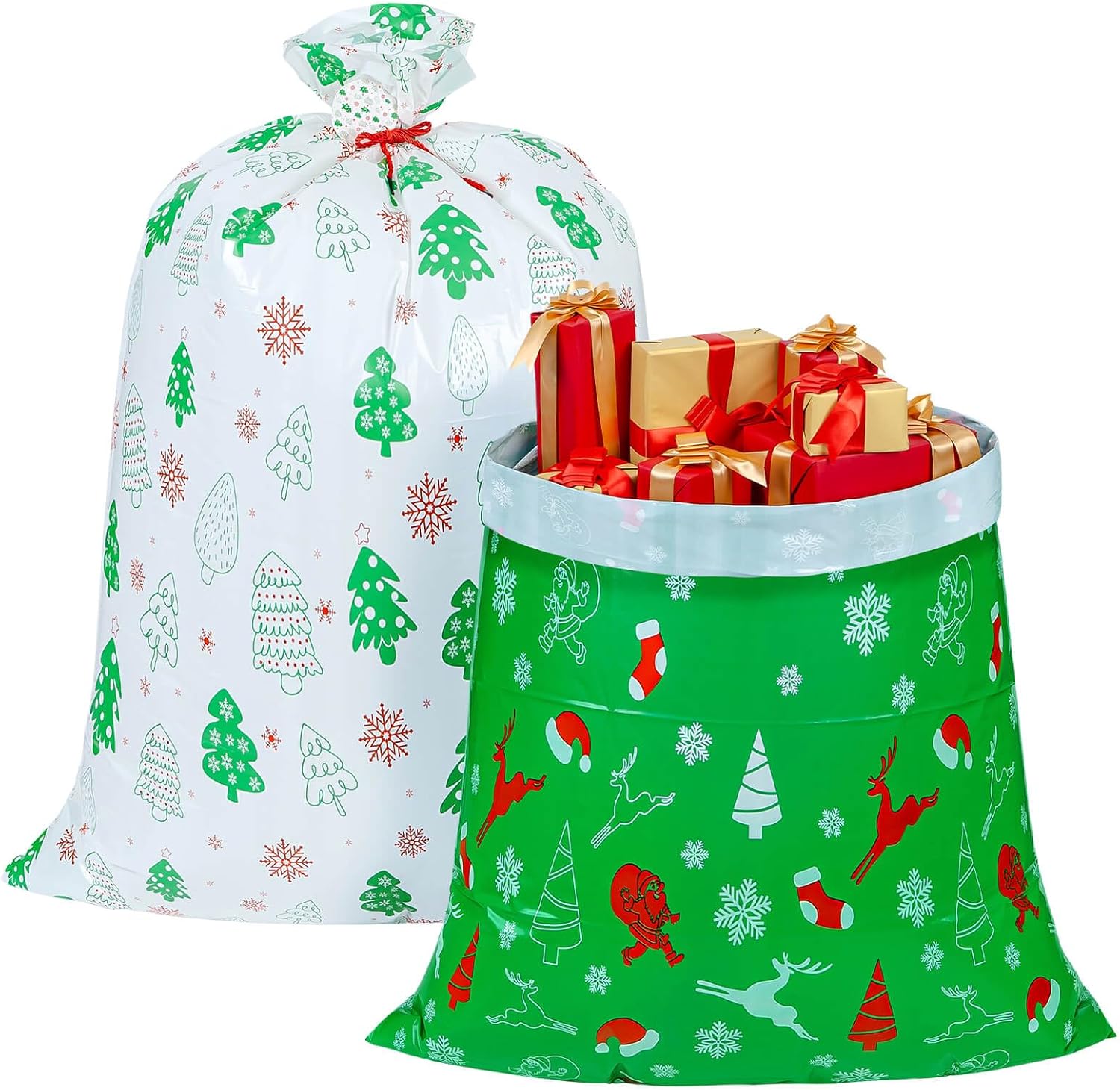 CubesLand Extra Large Plastic Christmas Santa Bags for Gifts,2 Durable XL Gift Sack & Big Xmas Bags for Presents,Jumbo Huge Christmas Holiday Gift Wrap with Tag & Tie 44"x36" 3644-02-GRWH