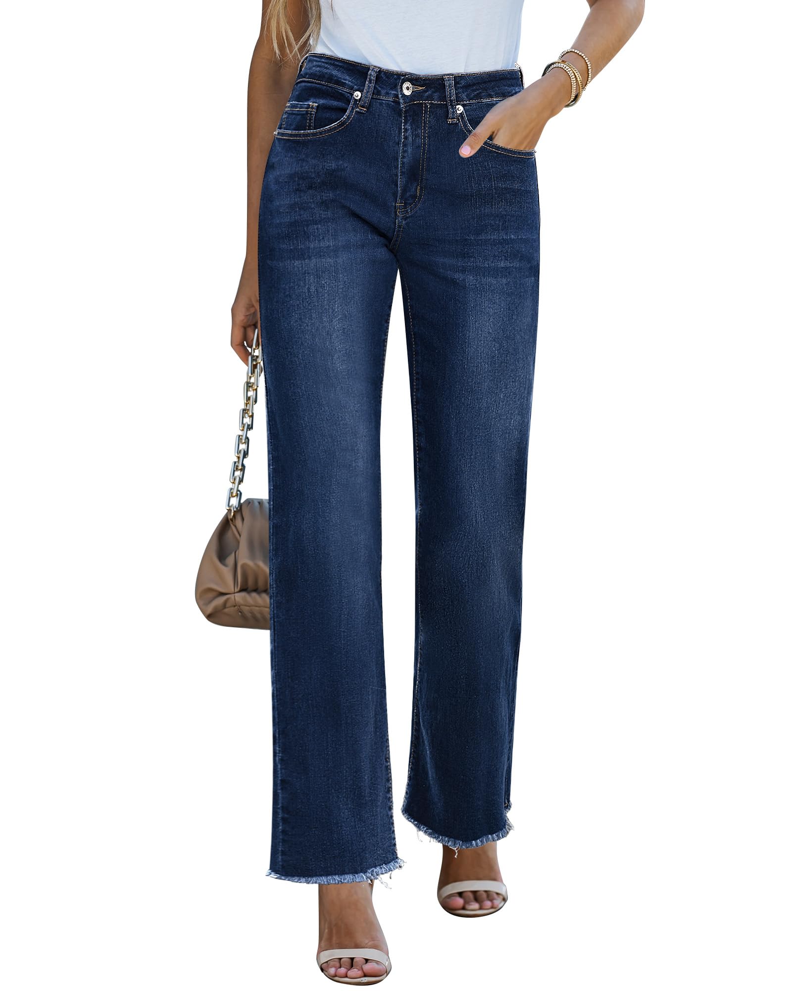 GRAPENT Straight Leg Jeans for Women High Waisted Stretchy Frayed Raw Hem Loose Denim Pants Casual Baggy Jean Trousers