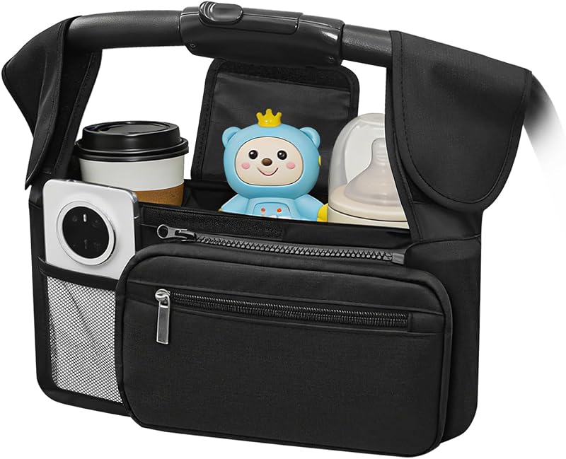 UPRONEX Stroller Organiser Bag with 2 Hooks, Adjustable Crossbody Strap, Multi-Pocket Pram Caddy for Bottles, Nappies and Snacks, Black