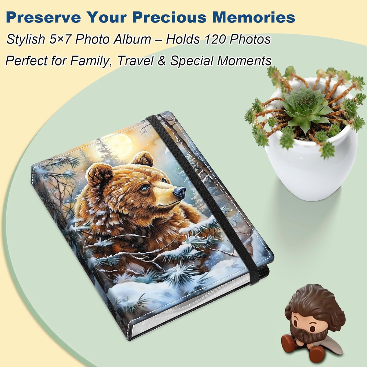 Small Photo Album 5x7 for 120 Pictures, PU Leather Cover Picture Album with Elastic Band, Mini Photo Book for Family Baby Wedding Anniversary Travel Scrapbook, Black Cat Sky