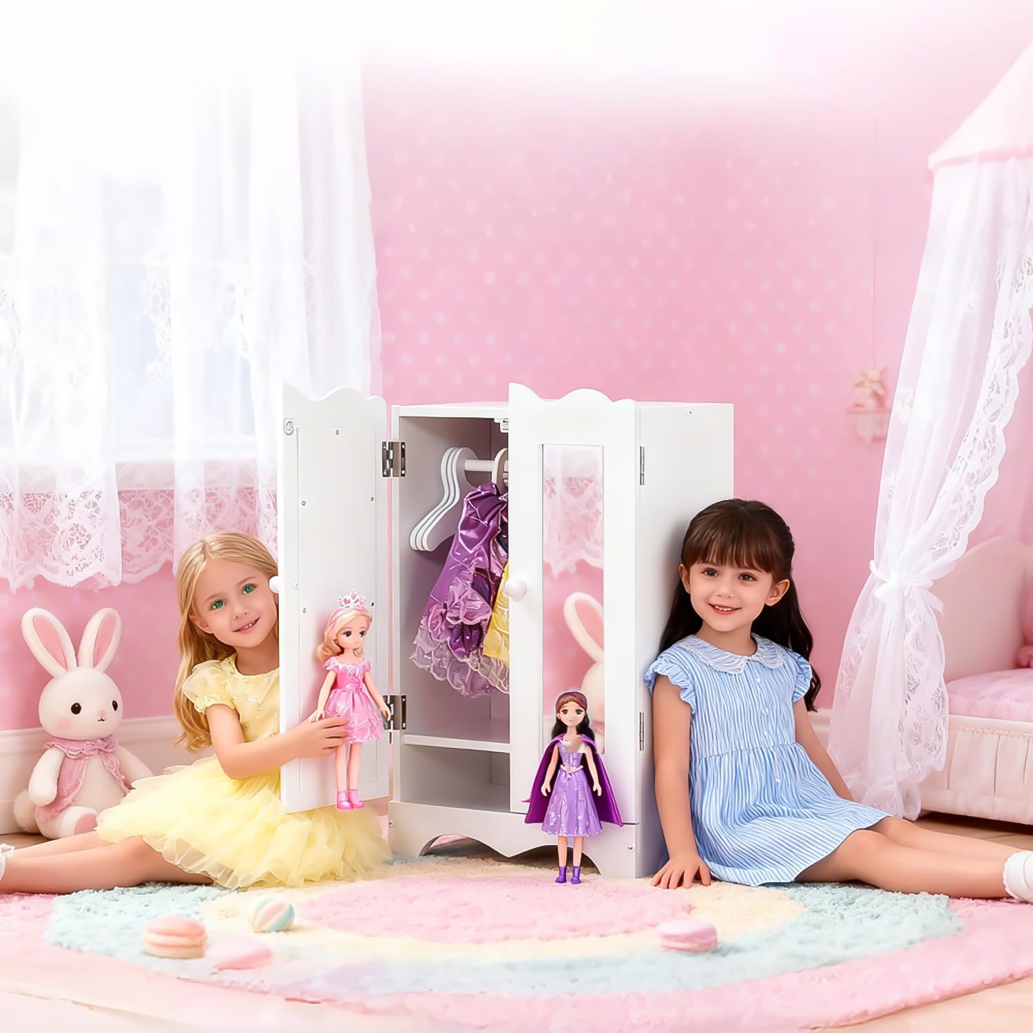 Holzpuppenmöbel mit 6 Kleiderbügeln Offener Kleiderschrank Organizer Puppenschrank für Puppen Spielzeug Puppenhaus Zubehör Passend für Puppe bis 20''