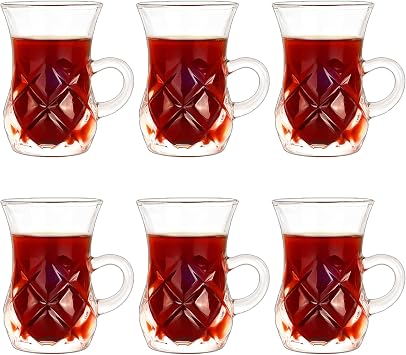 Turkish Tea Glasses With Handle - Mini Small Crystal Tea Cups Set of 6 - Slim Waist Thick Sole Tea Glass for Hold Cold Drinks, 2.7 oz / 80ml