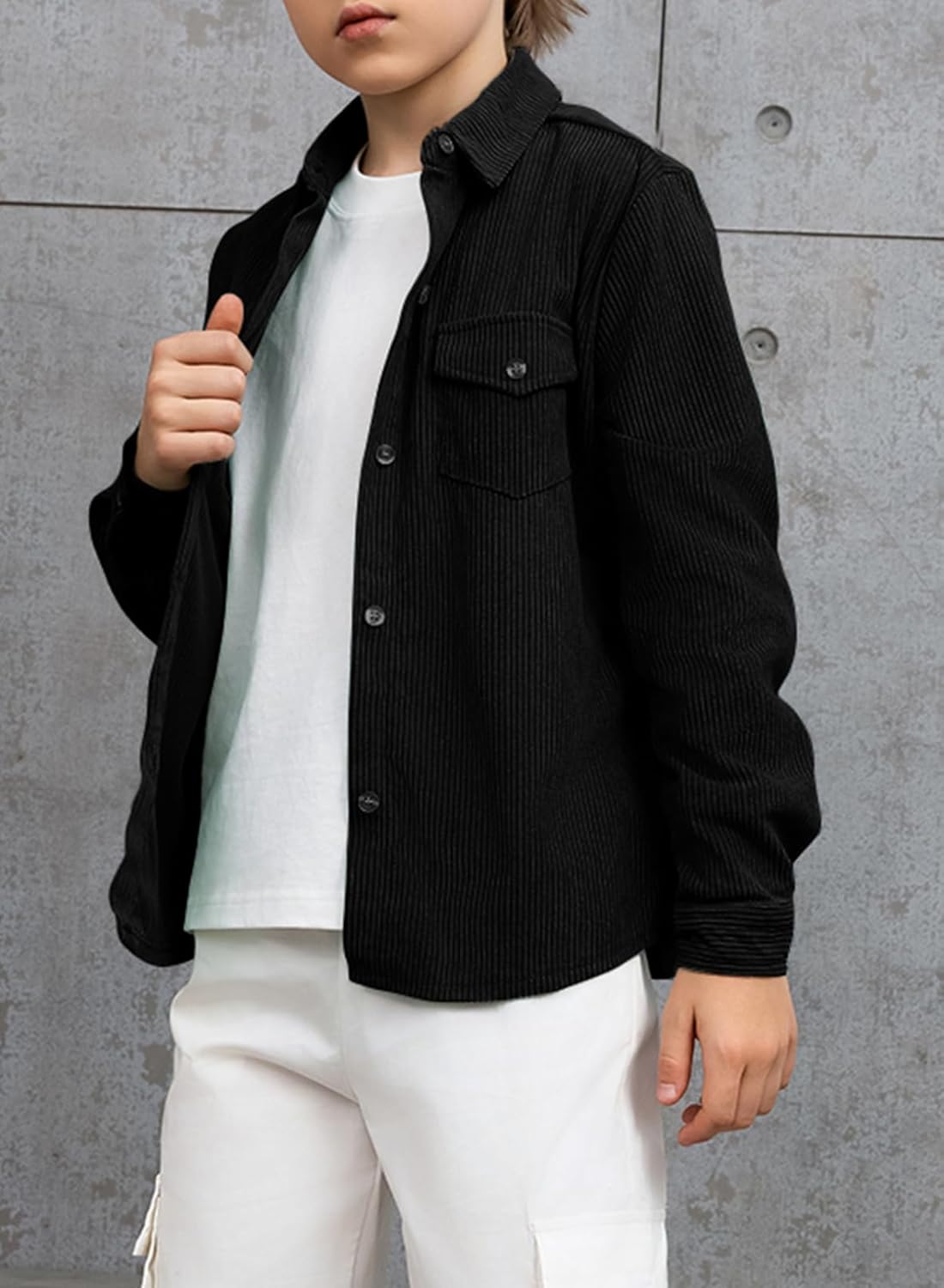 blibean Boy Corduroy Long Sleeve Shirt Shacket with Pockets Size 6-15 Years Old 14-15 Years A Black image 6 of 6 B0CKL3VZ9D