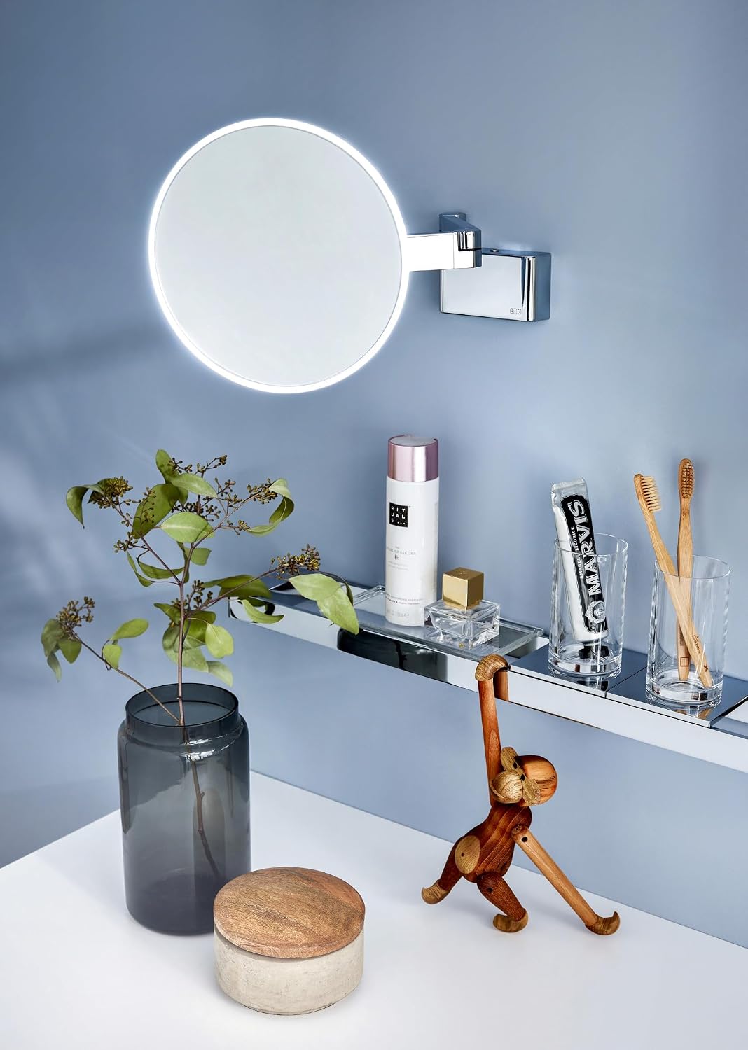 Emco EVO LED Cosmetic and Shaving Mirror on Double Articulated Arm Round Vanity Mirror with Lighting for Wall Mounting, Dimmable Magnifying Mirror (3X), Chrome Without Cable image 3