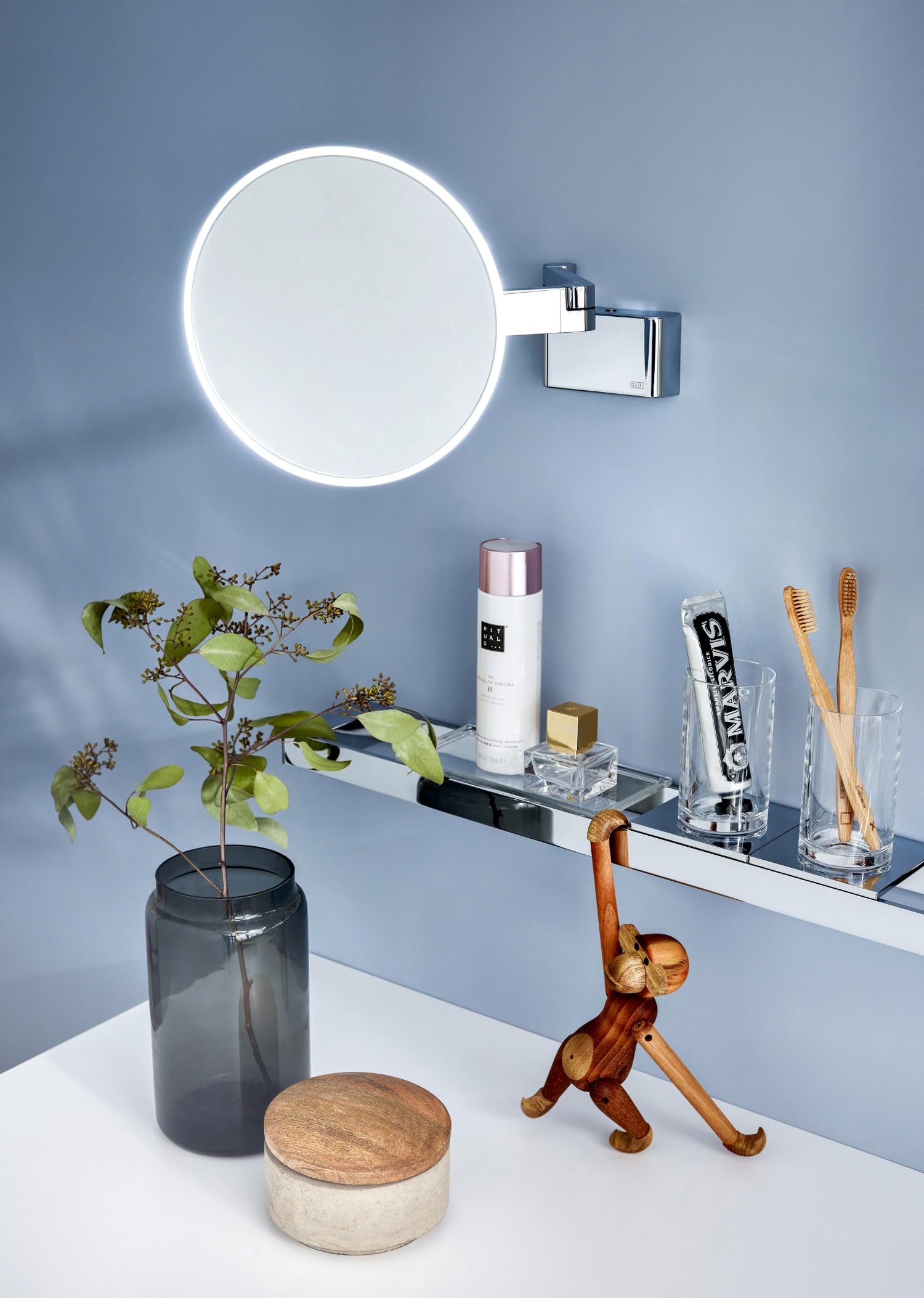Emco Evo LED specchio cosmetico e rasatura sul braccio a doppia articolazione, specchio cosmetico rotondo con illuminazione per montaggio a parete, specchio ingranditore regolabile (5x)