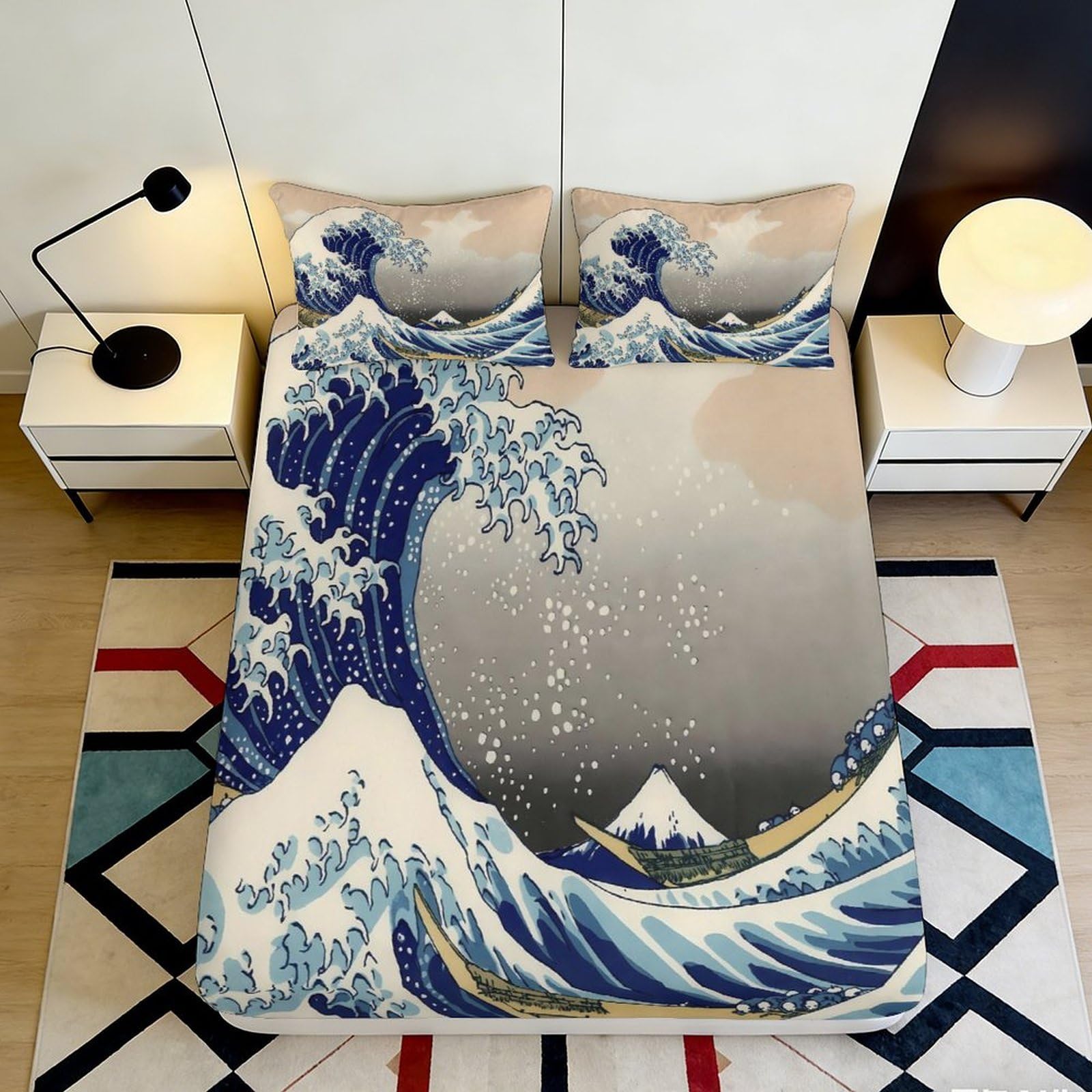 3D Printed Great Wave Ocean Fitted Sheet Microfiber Soft Breathable Mount Fuji Mattress Cover for Bedroom Decor 120x200x25cm