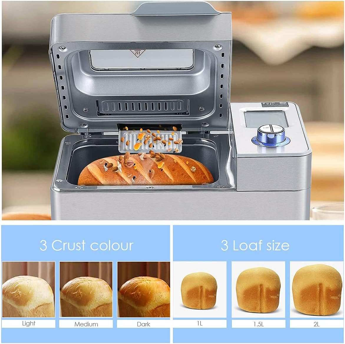 COOCHEER Macchina per il Pane con 19 Programmi Preimpostati in Acciaio Inox, 550W Macchina per Pane e Dolci, Capacità 500-1000g Argento COOCHEER Macchina per il Pane con 19 Programmi Preimpostati in Acciaio Inox, 550W Macchina per Pane e Dolci, Capacità 500-1000g Argento