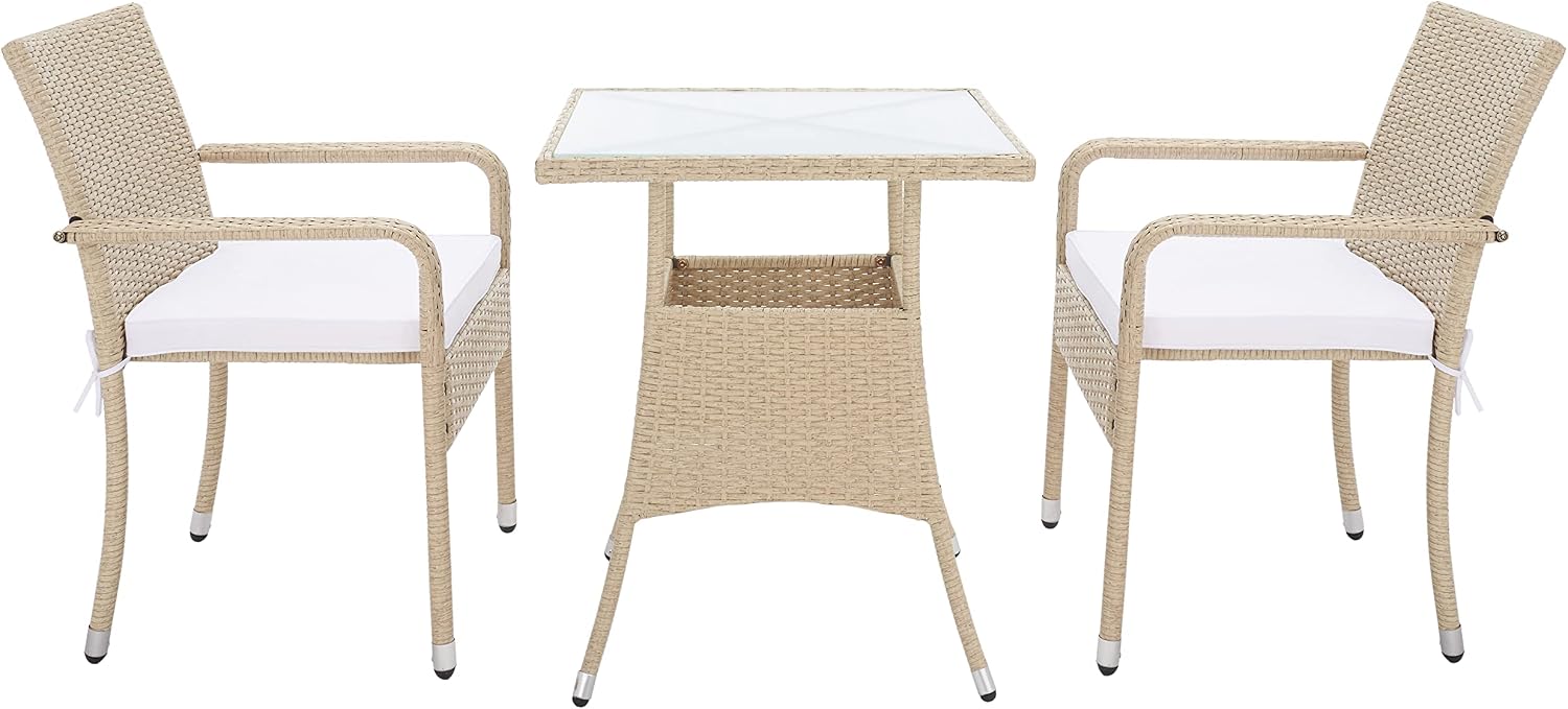 SAFAVIEH Outdoor - Laban 3-Piece Bistro Dining Set - Beige & White - Steel Frame & Faux Rattan - Contemporary Glass-Top Bistro Design - Ideal for Patio, Deck, Sunroom, Dining Area (PAT7718B)