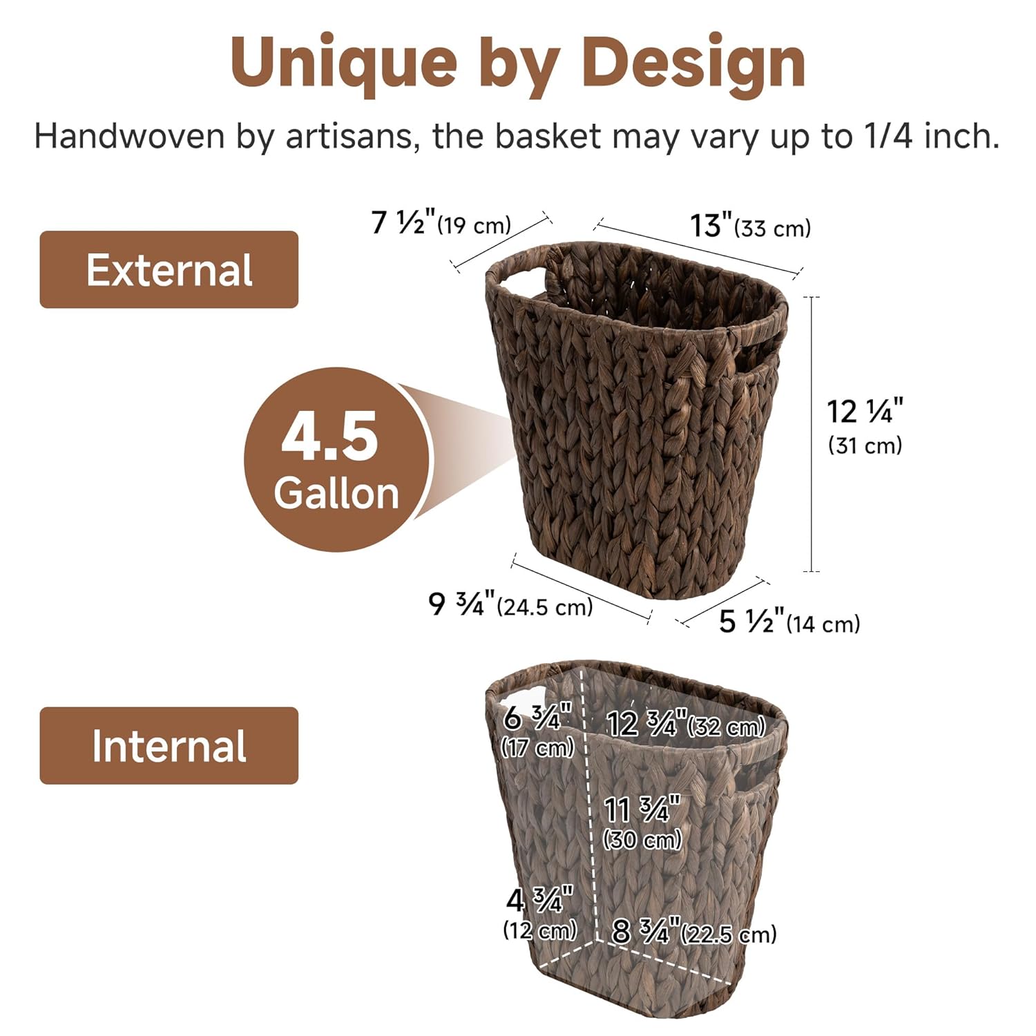 StorageWorks 4.5 Gallon Slim Bathroom Trash Can with Built-in Handles, Decorative Wicker Waste Basket for Bathroom and Bedroom, Office Garbage Cans for Bedroom, Narrow Trash Bin for Decor, Brown