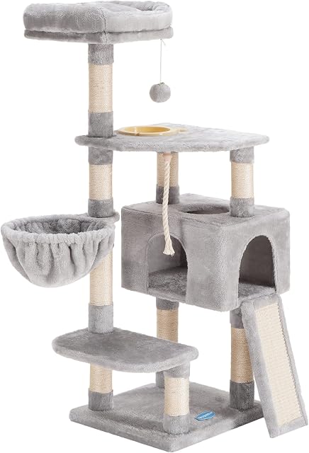 Hey-brother Cat tree with feeding bowl, Cat tower for indoor cats, Large scratching post with scratcher, hammock, XXL Cat Cave, Light grey EMPJ010W