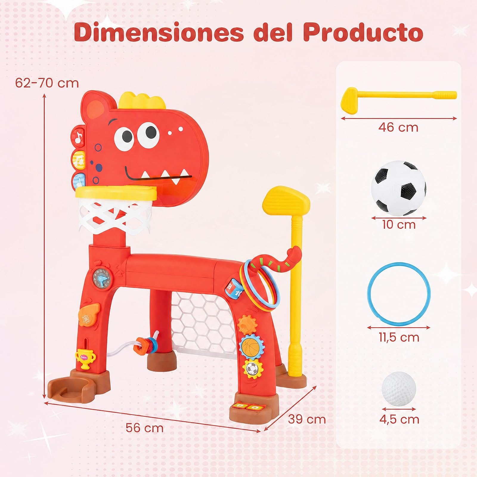 COSTWAY 4 en 1 Canasta Baloncesto Infantil, Alturas Ajustables (Rojo)