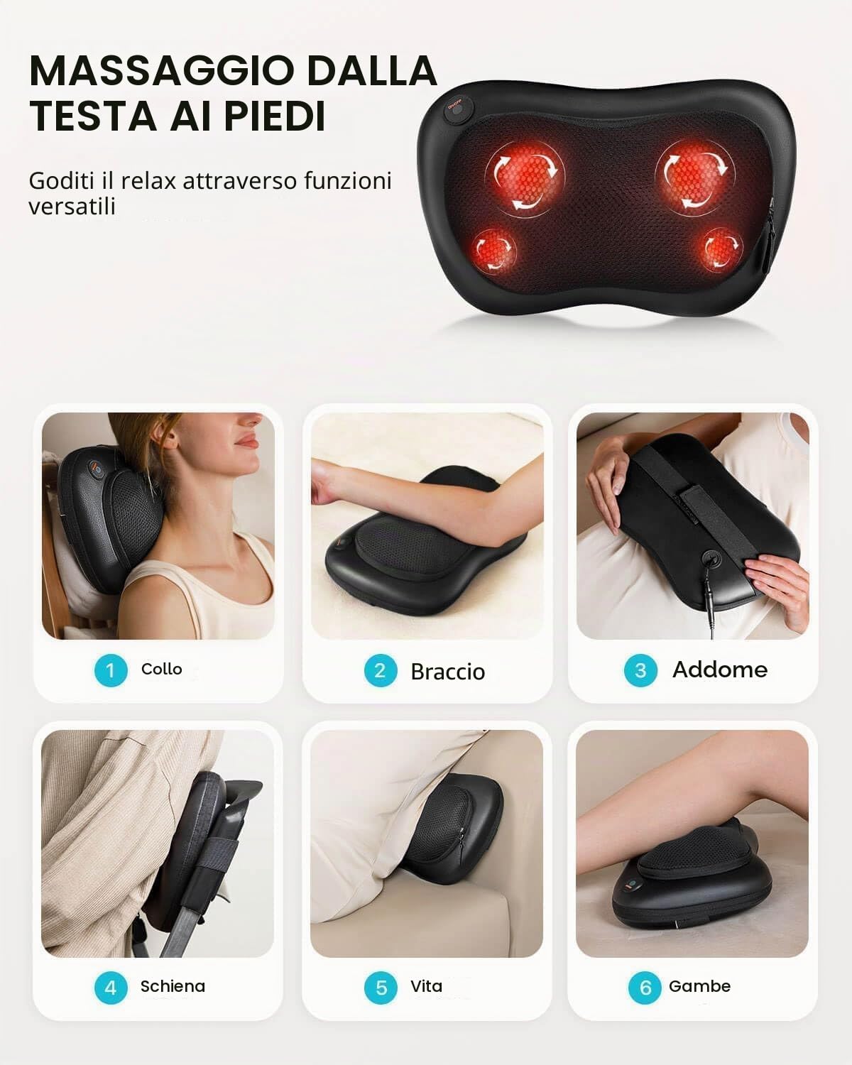 ALLJOY Cuscino Massaggiante Shiatsu, Massaggiatore Schiena Cervicale e Collo Riscaldante, 4 Massaggio Nodi e 3 Modalità, Regalo per Donne/Uomini, Portatile Massaggiatore per Auto da Ufficio a Casa