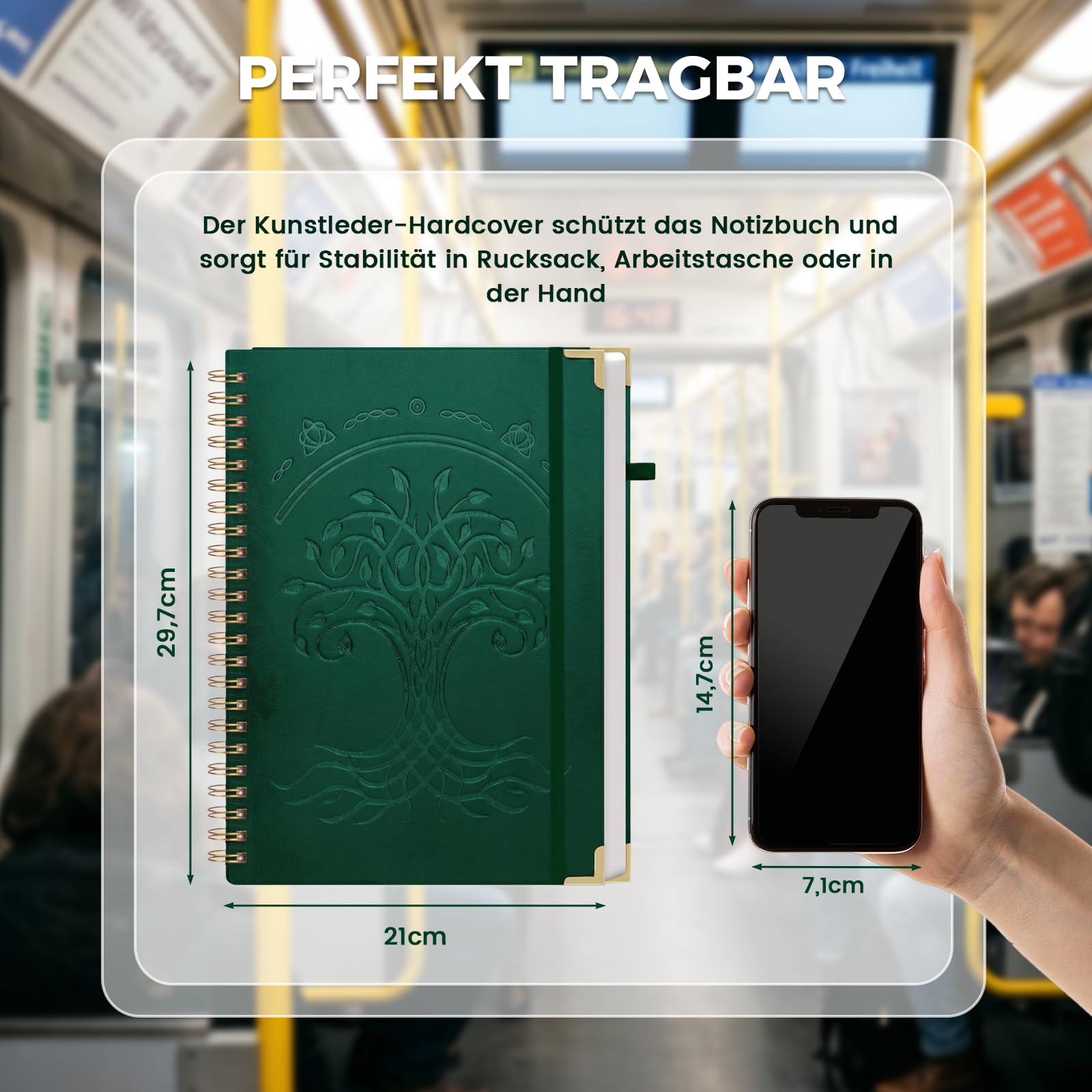 HAKACC Notatnik A4 w linie, 150 kartek/300 stron, spirala w szlachetnej imitacji skóry, twarda okładka, gramatura 80 g/m², trwały papier dla kobiet, mężczyzn, do pracy, biura, szkoły, 21 x 28 cm,